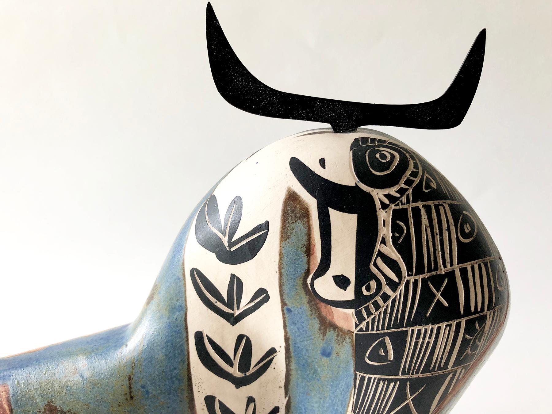 Ceramic Picasso Style Spanish Modernist Abstract Bull Sculpture In Good Condition In Palm Springs, CA