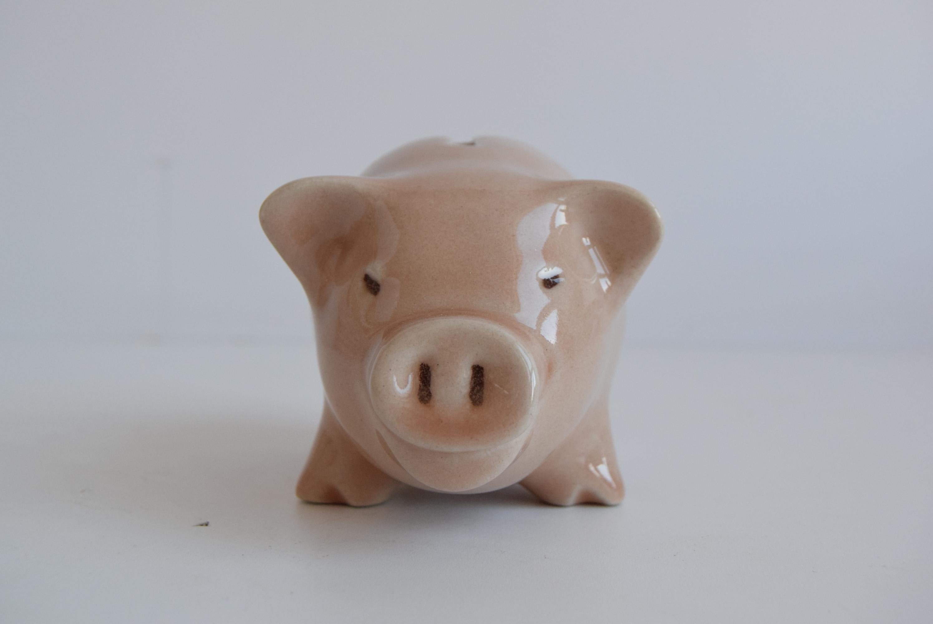 Colectible ceramic piggy bank for sale made by Ditmar Urbach Porcelain factory (Keramicky zavod Teplice) Original glaze, original condition, Marked on the bottom with the original stamp and label.