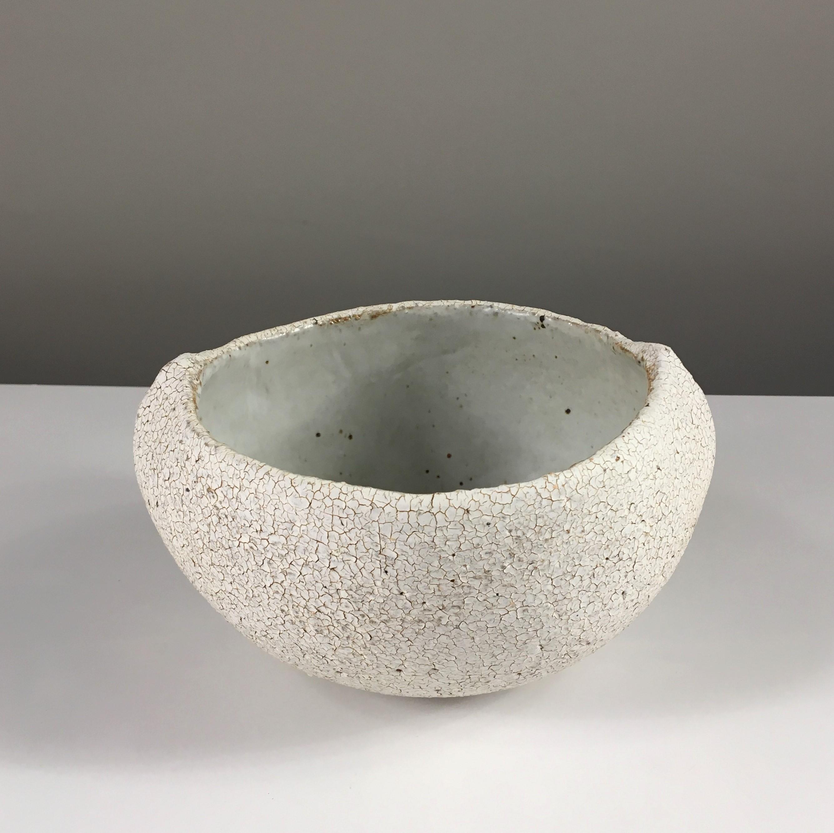 Ceramic Bowl with Inner Light Grey Glaze and Textured Outside by Yumiko Kuga. 
Dimensions: W 7