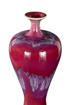 Ceramic Pinched Neck Variegated Vase in Ox-blood and Pink Drip Glaze