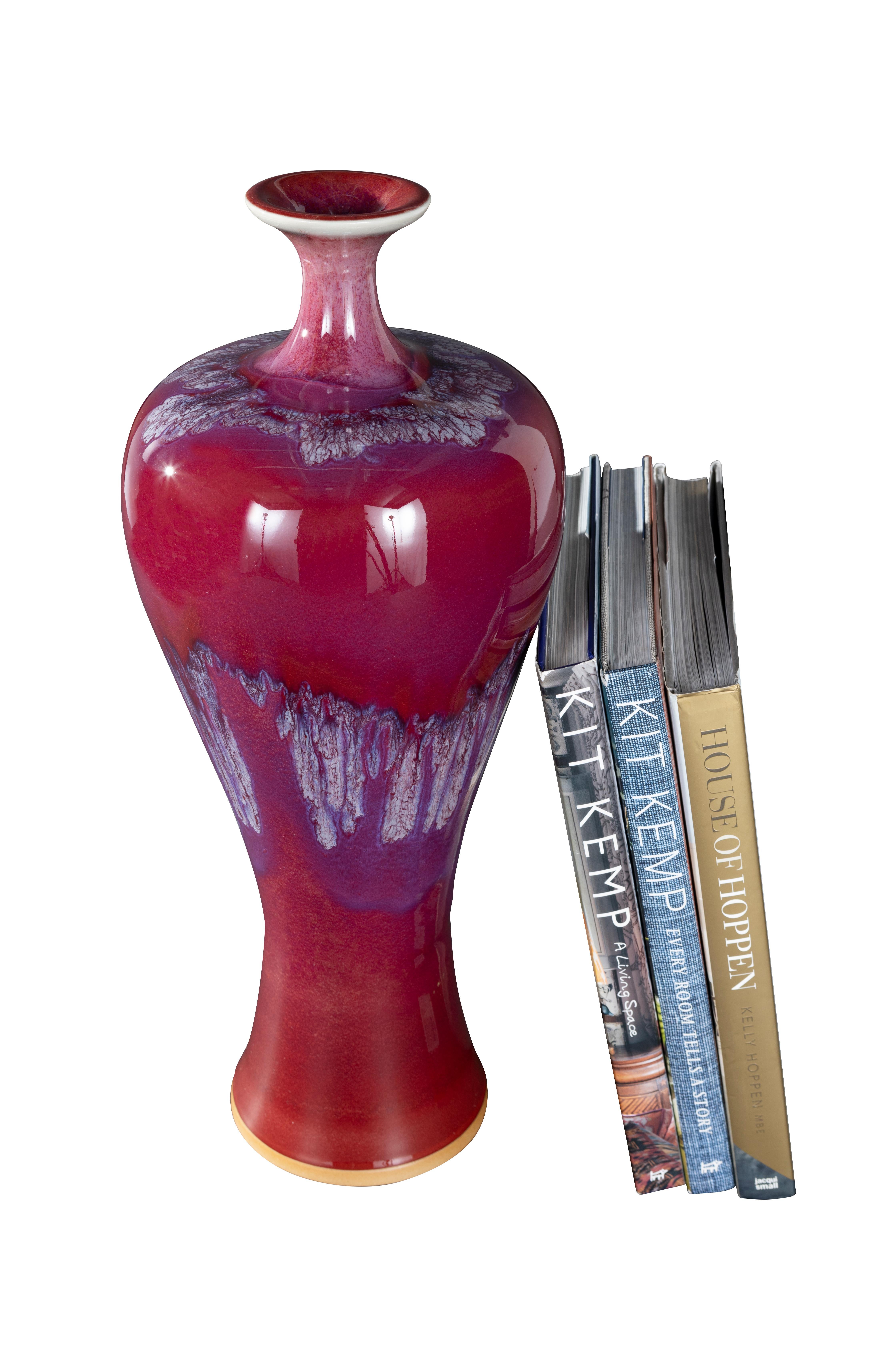 Art Deco Ceramic Pinched Neck Variegated Vase in Ox-blood and Pink Drip Glaze For Sale