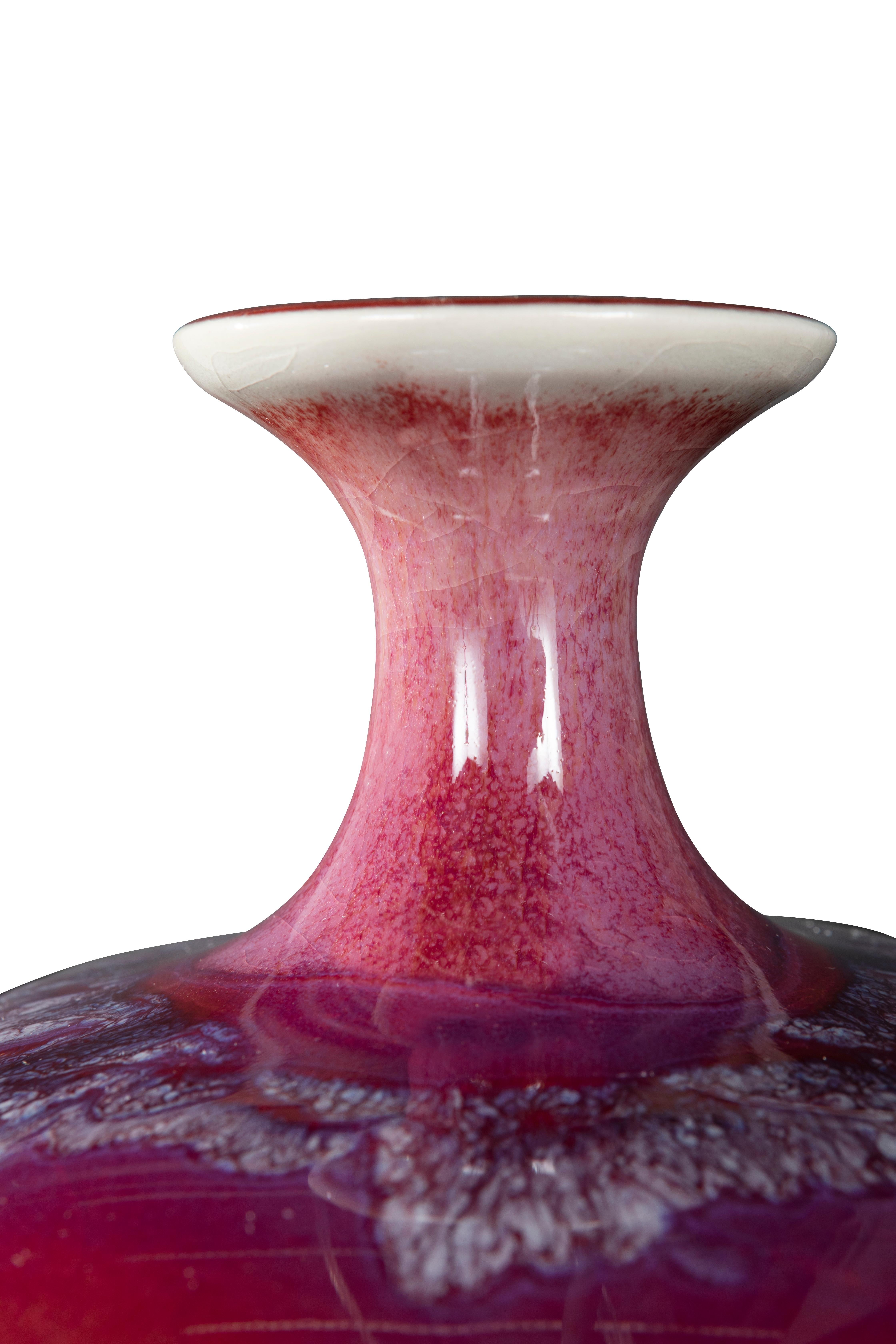 Glazed Ceramic Pinched Neck Variegated Vase in Ox-blood and Pink Drip Glaze For Sale