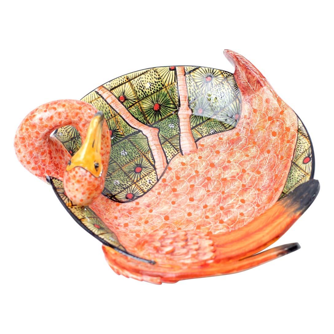 Moderne Plat à monnaie en céramique rose Flamingo vert motif Zulu, fait à la main en Afrique du Sud en vente