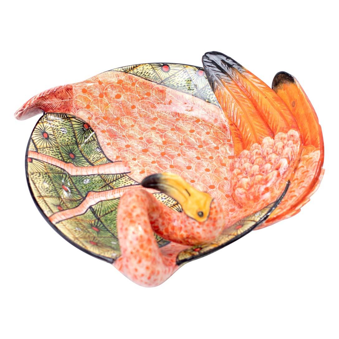 Sud-africain Plat à monnaie en céramique rose Flamingo vert motif Zulu, fait à la main en Afrique du Sud en vente