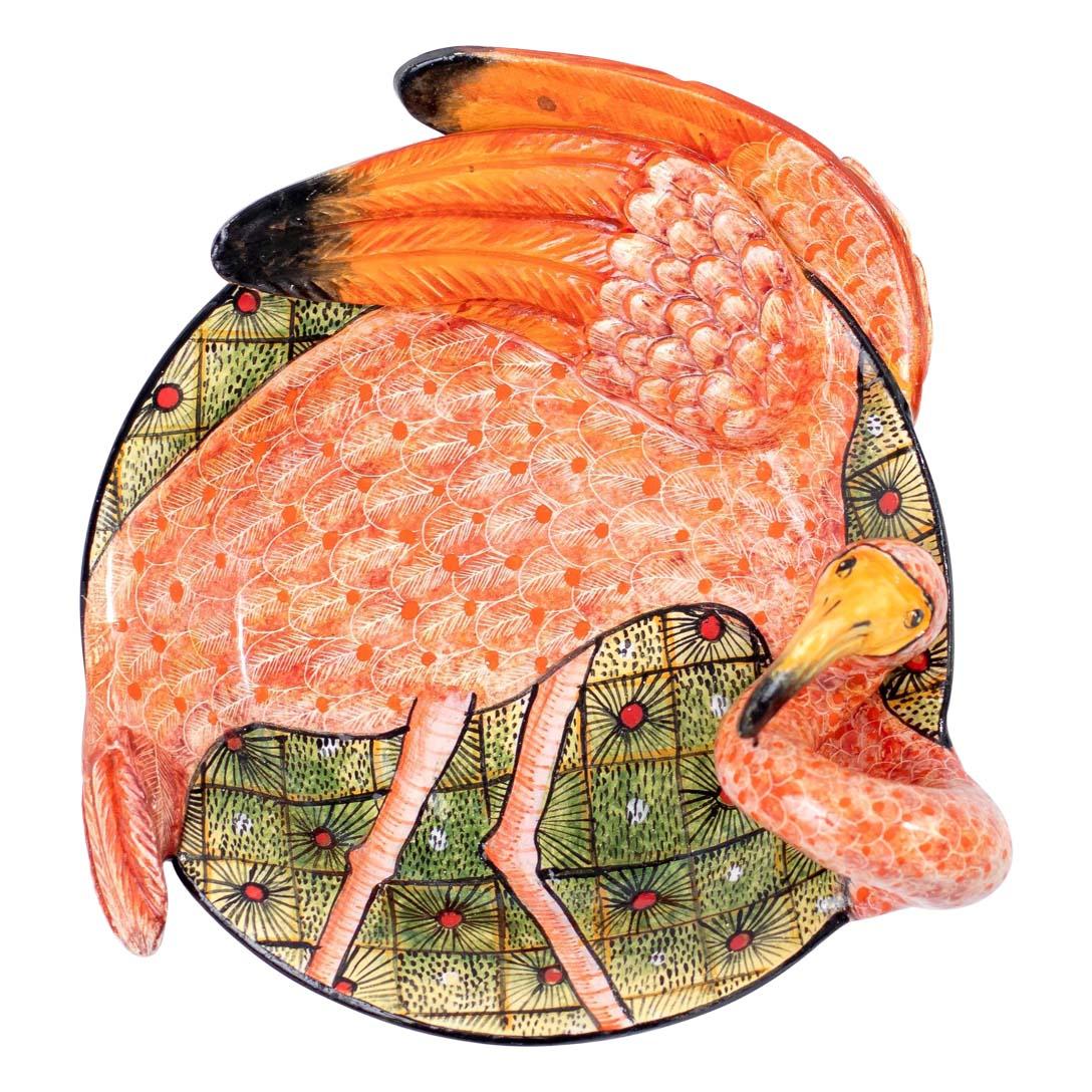 Cuit Plat à monnaie en céramique rose Flamingo vert motif Zulu, fait à la main en Afrique du Sud en vente