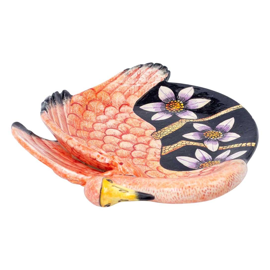 South African Ceramic pink Flamingo over black coin dish, hand made in South Africa