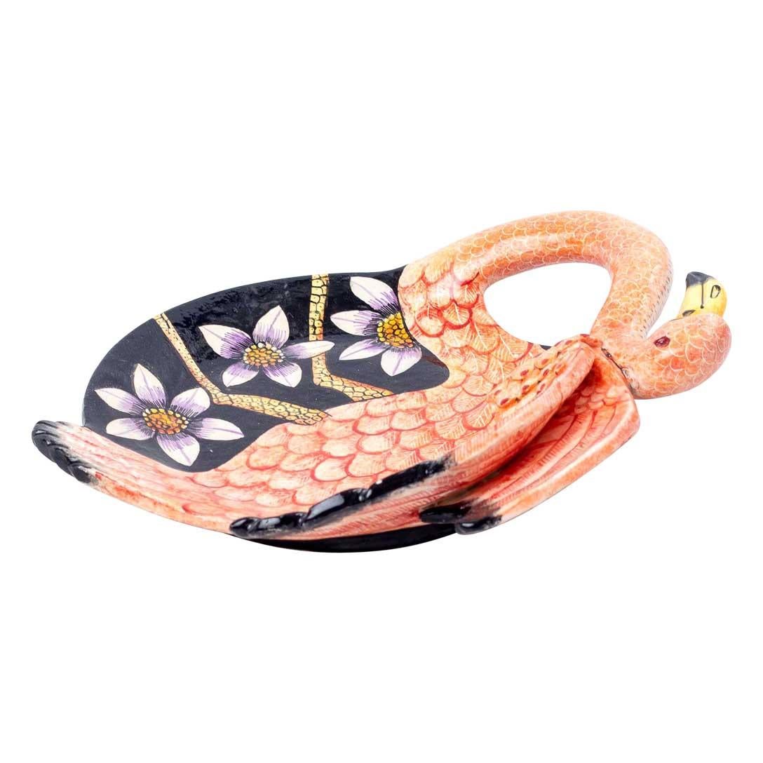 Hand-Painted Ceramic pink Flamingo over black coin dish, hand made in South Africa