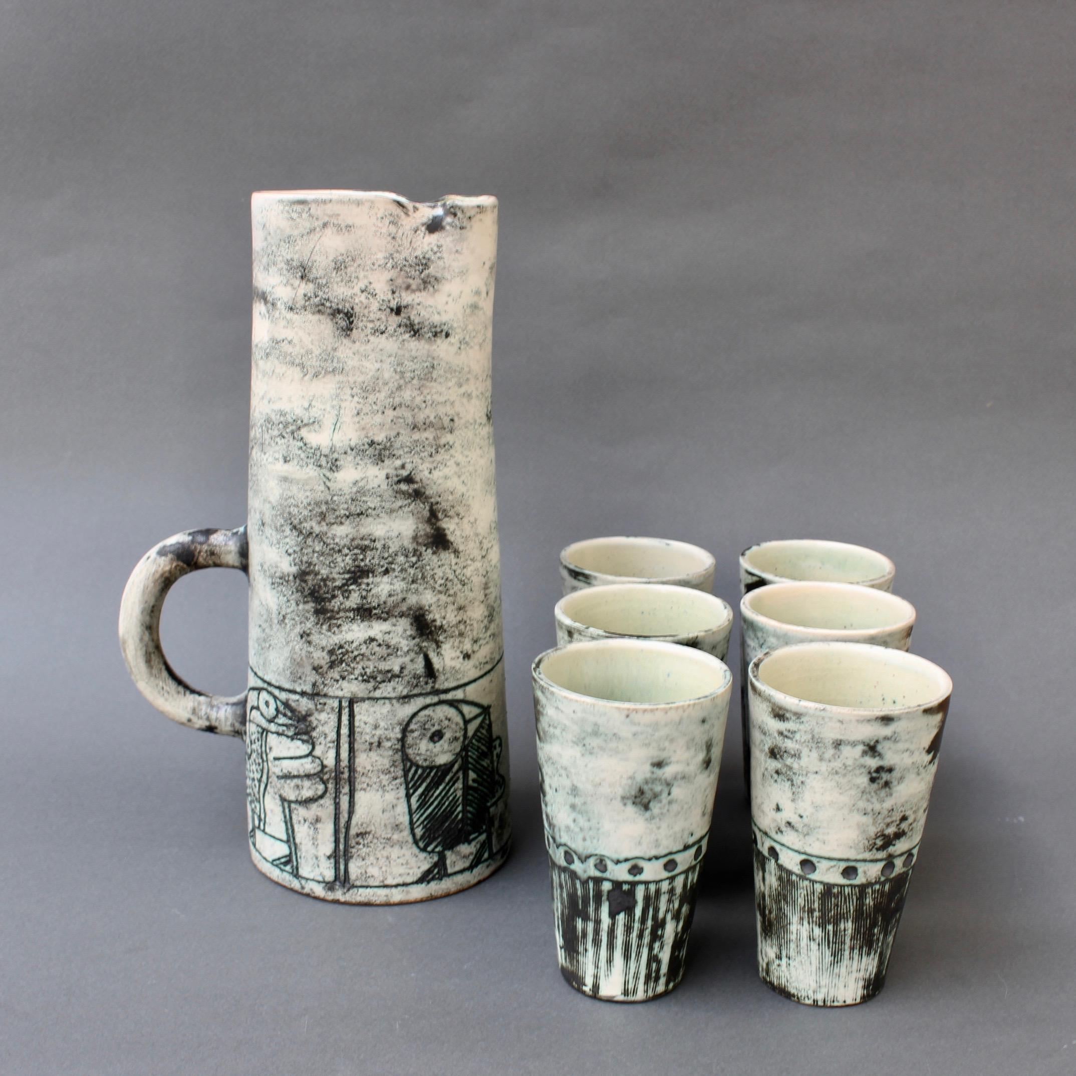 French Ceramic Pitcher and 6-Cup Set by Jacques Blin, circa 1950s