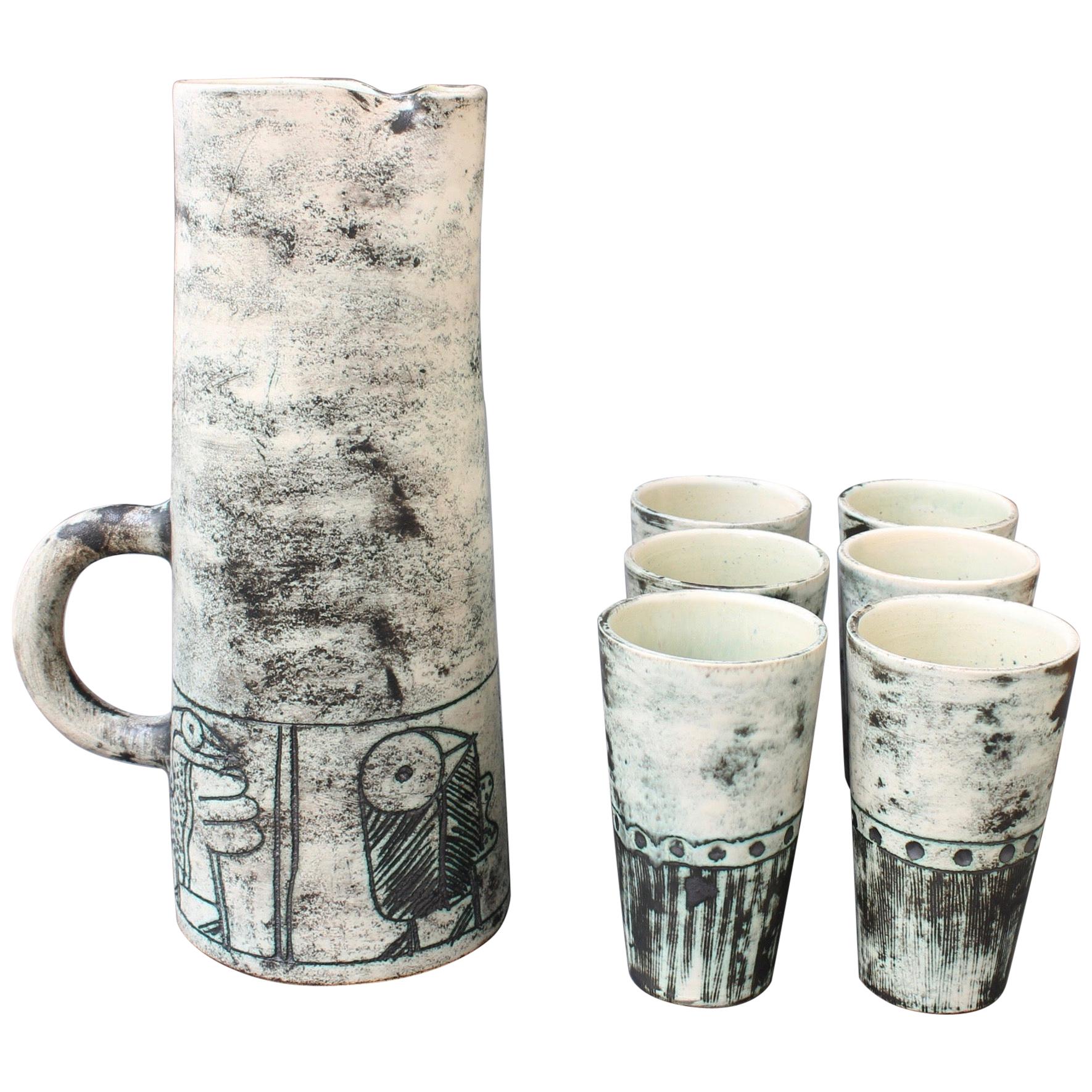 Ceramic Pitcher and 6-Cup Set by Jacques Blin, circa 1950s