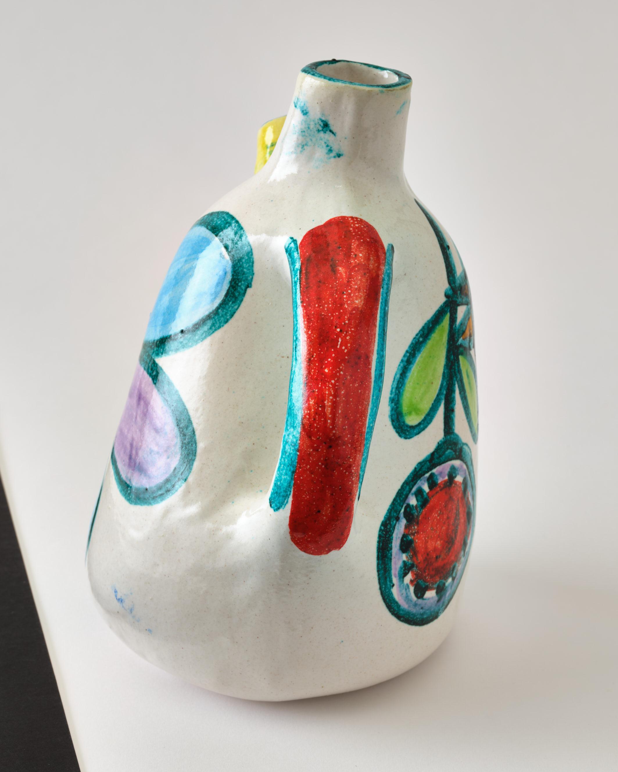 Keramikkrug von DeSimone, Dekorative Vase, um 1960, Italien, Rot, Grün & Gelb (Handgefertigt) im Angebot