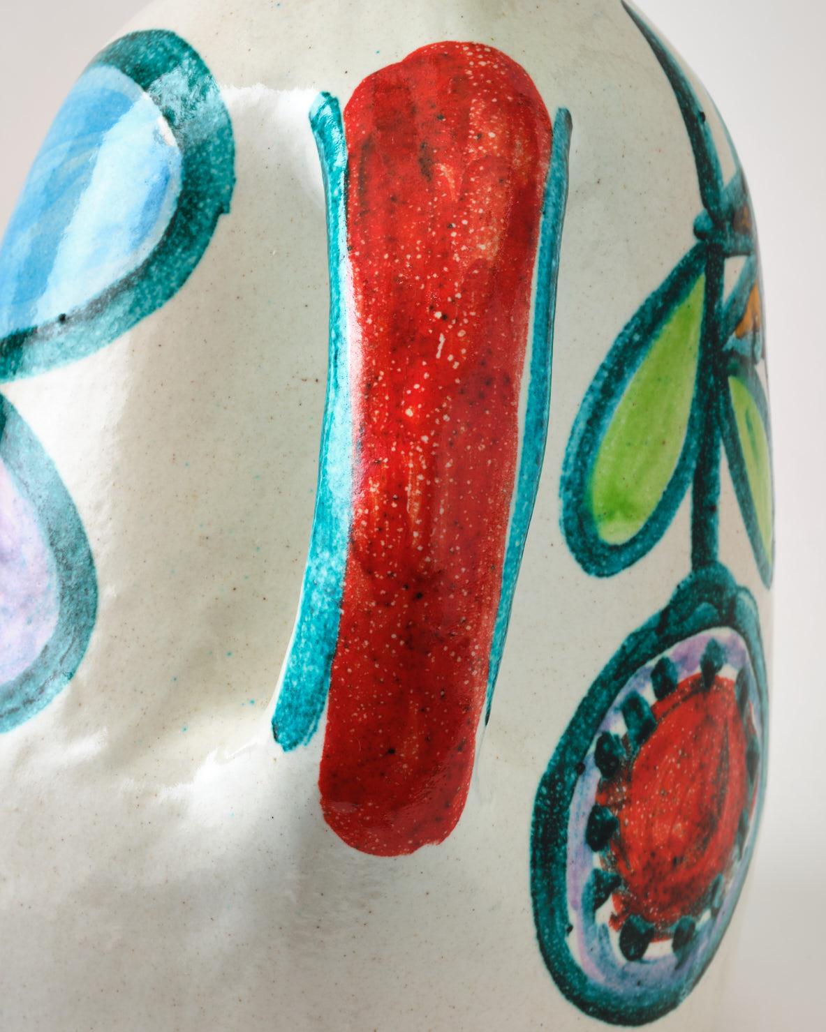 Italian Ceramic Pitcher by DeSimone, Decorative Vase, C 1960, Italy, Red, Green & Yellow For Sale