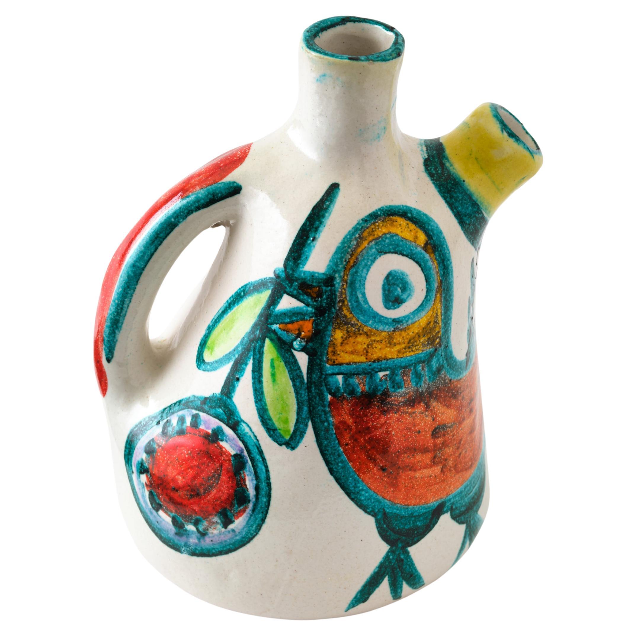 Ceramic Pitcher by DeSimone, Decorative Vase, C 1960, Italy, Red, Green & Yellow