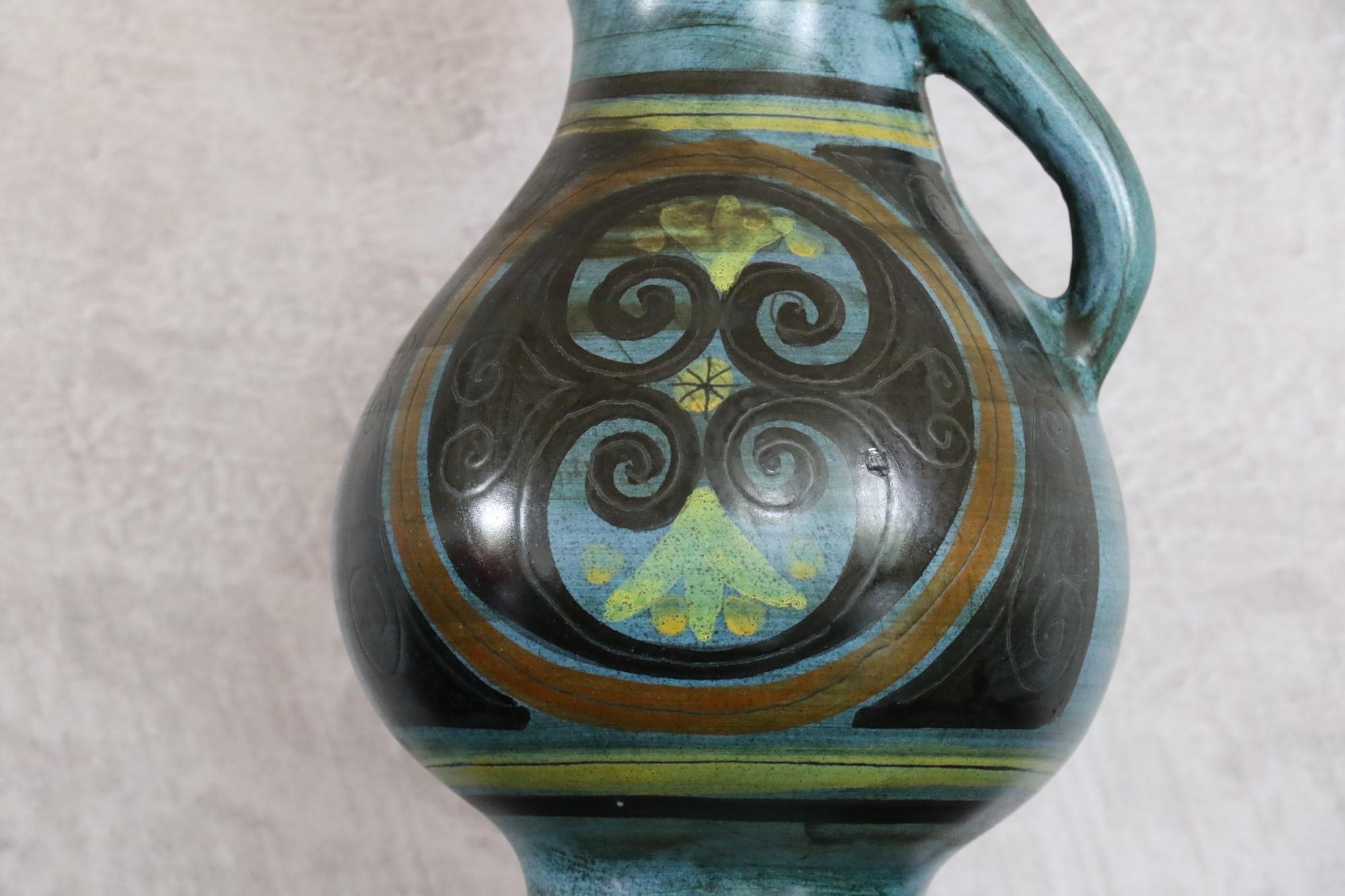 French Ceramic Pitcher by Jean De Lespinasse, Signed, circa 1960, Volutes Decoration For Sale