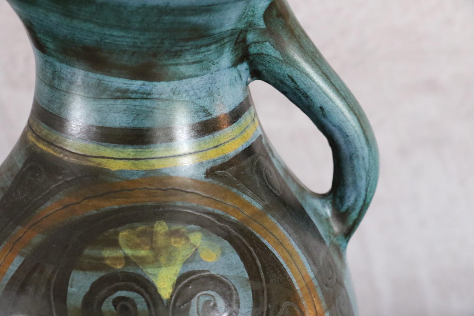 Hand-Painted Ceramic Pitcher by Jean De Lespinasse, Signed, circa 1960, Volutes Decoration For Sale