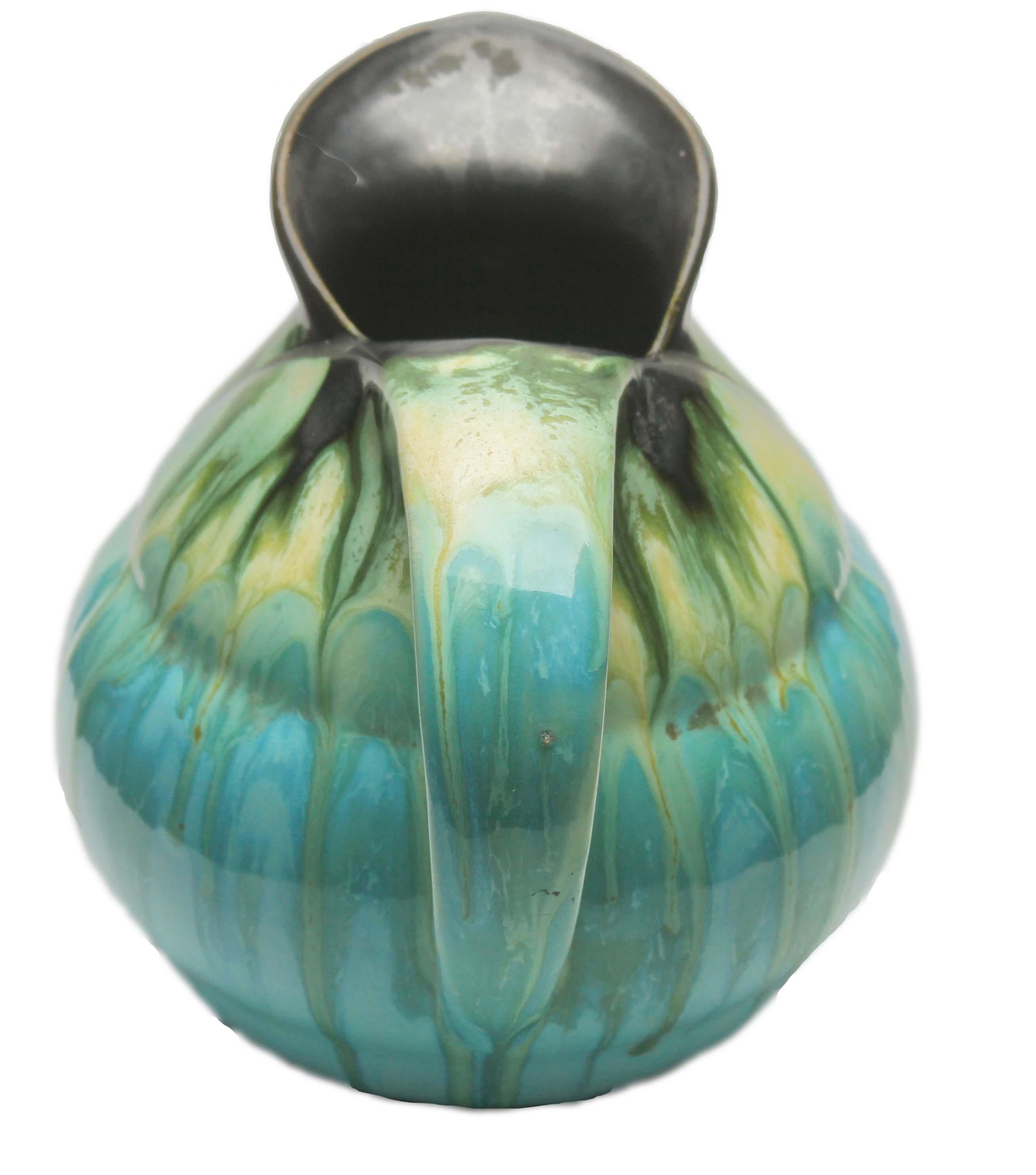 Mid-Century Modern Ceramic Pitcher Light Blue Drop Glaze, Signed Belgium For Sale