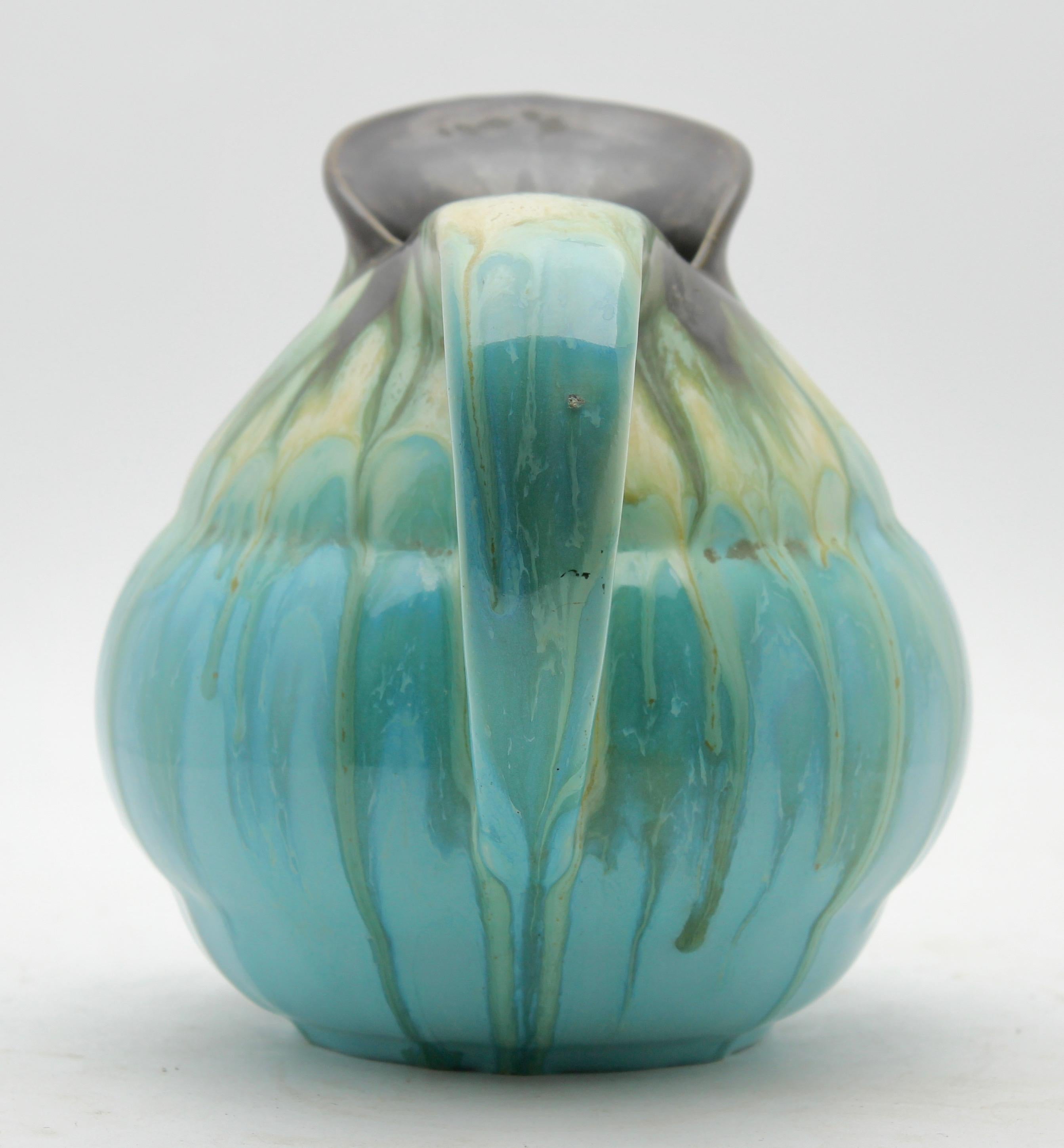 Ceramic Pitcher Light Blue Drop Glaze, Signed Belgium In Good Condition For Sale In Verviers, BE