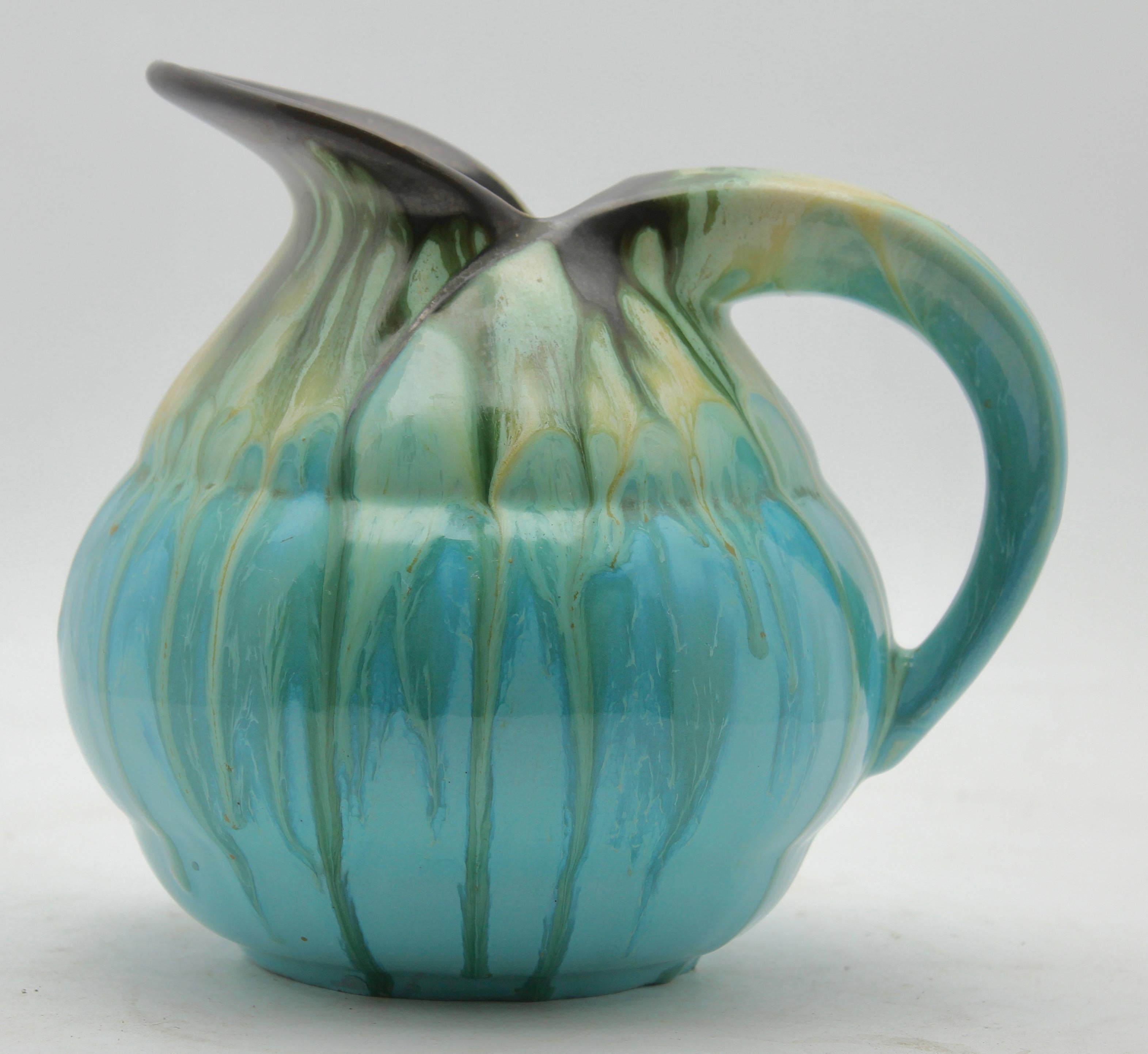 20th Century Ceramic Pitcher Light Blue Drop Glaze, Signed Belgium For Sale