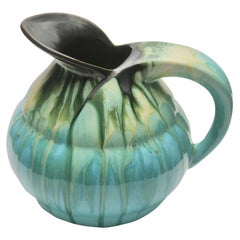 Ceramic Pitcher Light Blue Drop Glaze, Signed Belgium