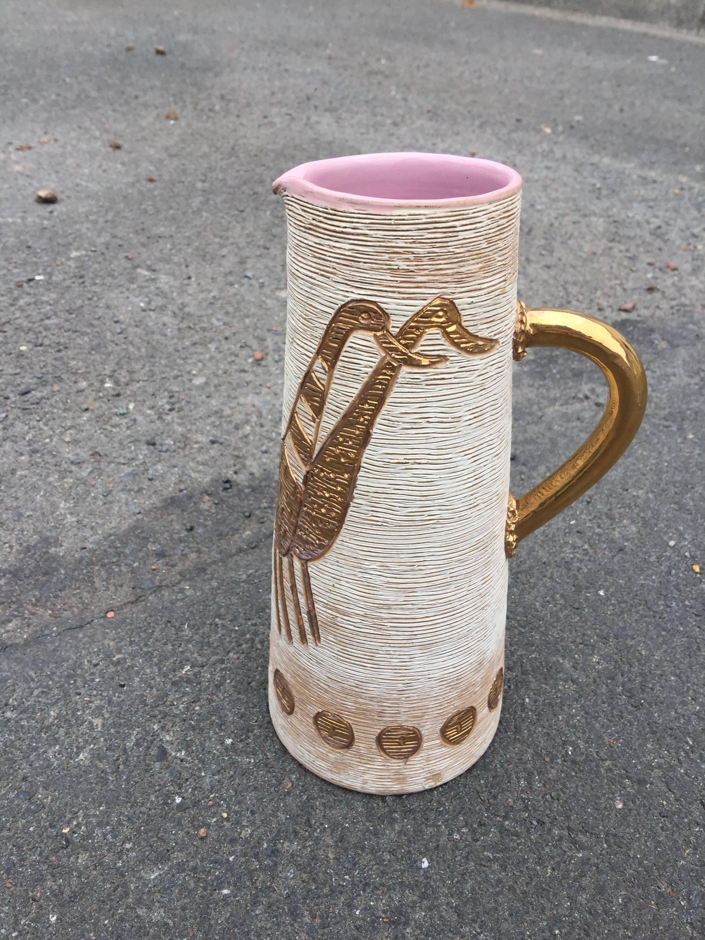 Ceramic Pitcher with Bird Design, Made in Italy, circa 1960 In Excellent Condition For Sale In Saint-Ouen, FR