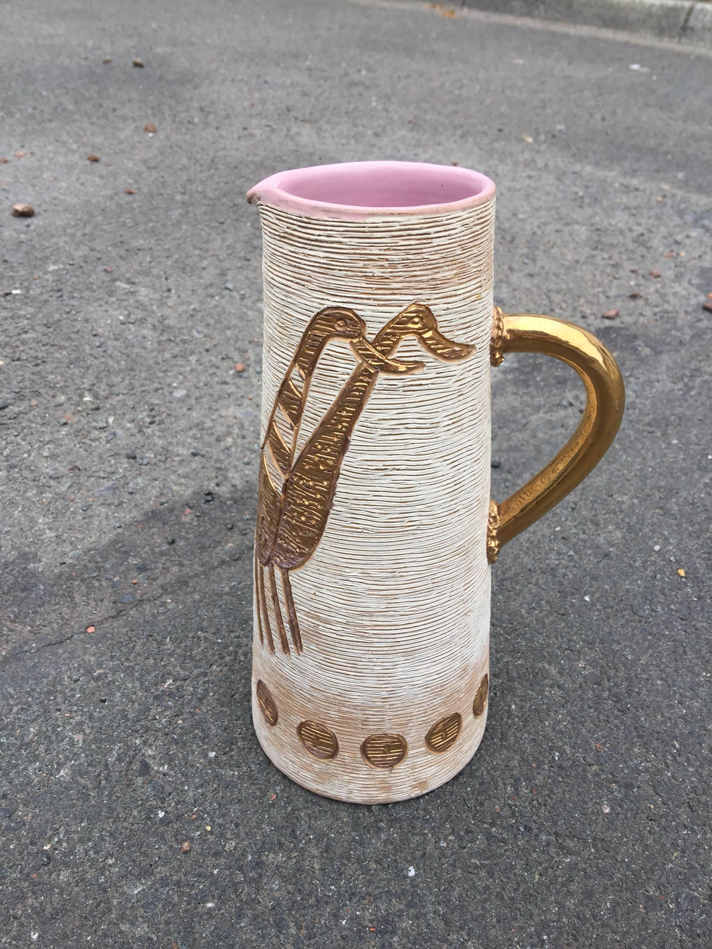 Mid-20th Century Ceramic Pitcher with Bird Design, Made in Italy, circa 1960 For Sale