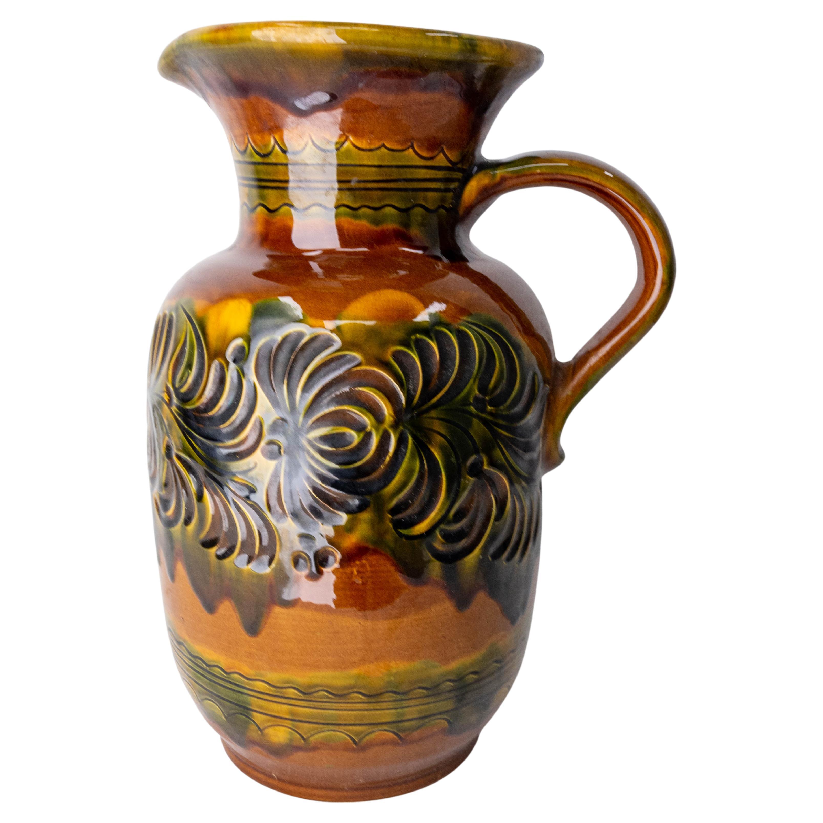 Ceramic Pitcher with Decoration of Relief Leaves, Mid-Century Germany