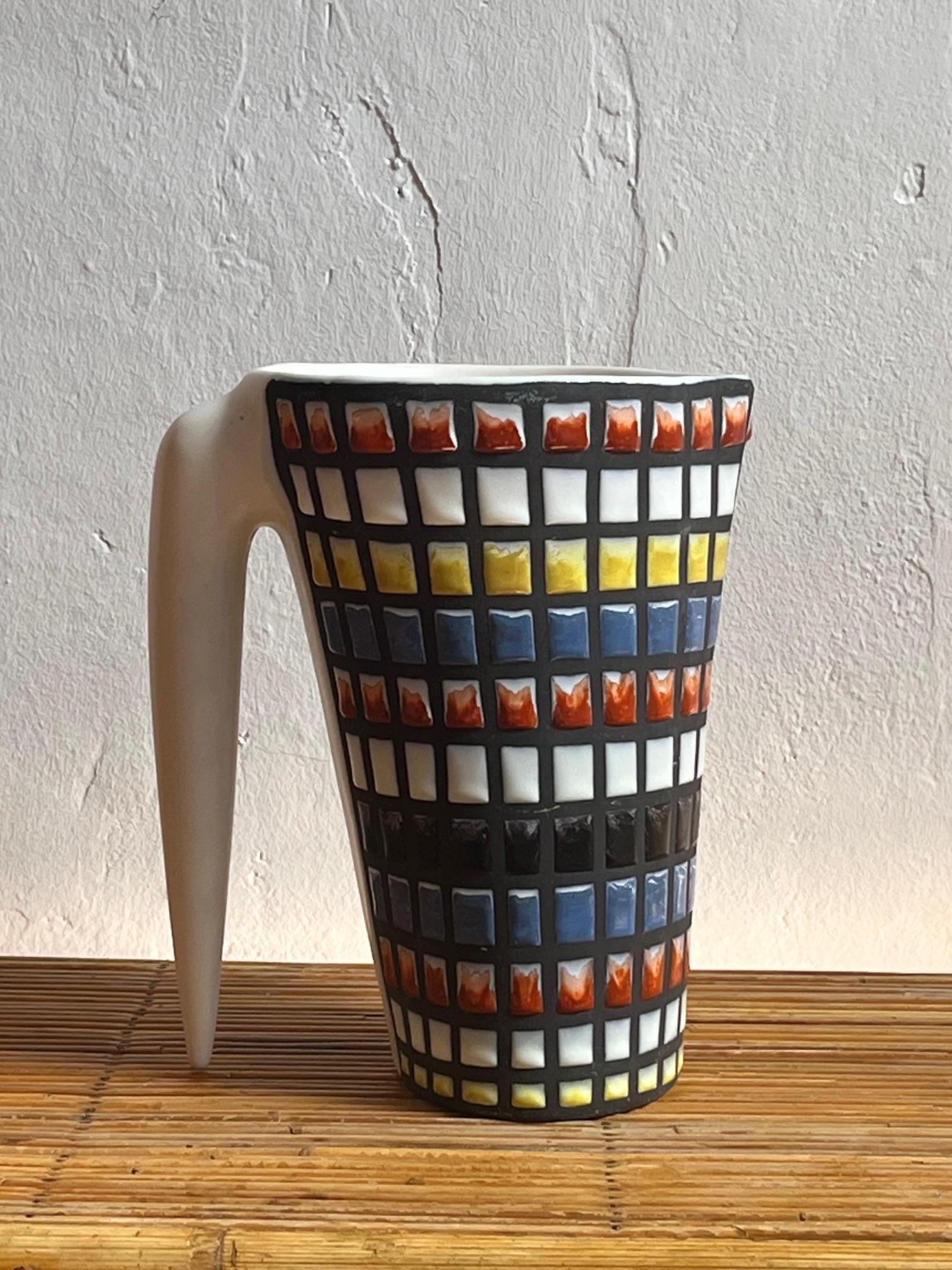 Mid-Century Modern Ceramic pitcher with  geometrical polychrom pattern, Roger Capron, Vallauris For Sale