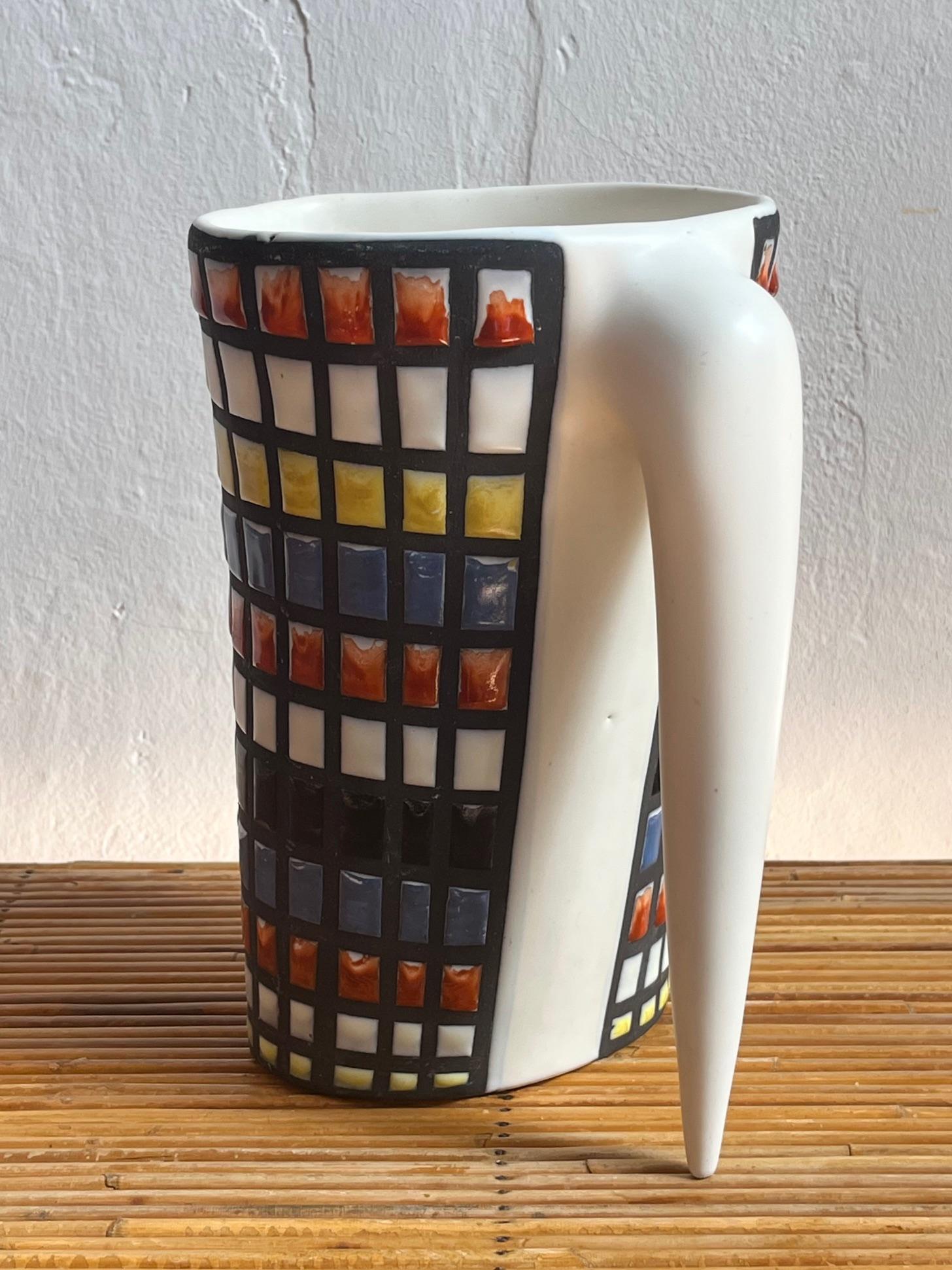 French Ceramic pitcher with  geometrical polychrom pattern, Roger Capron, Vallauris For Sale