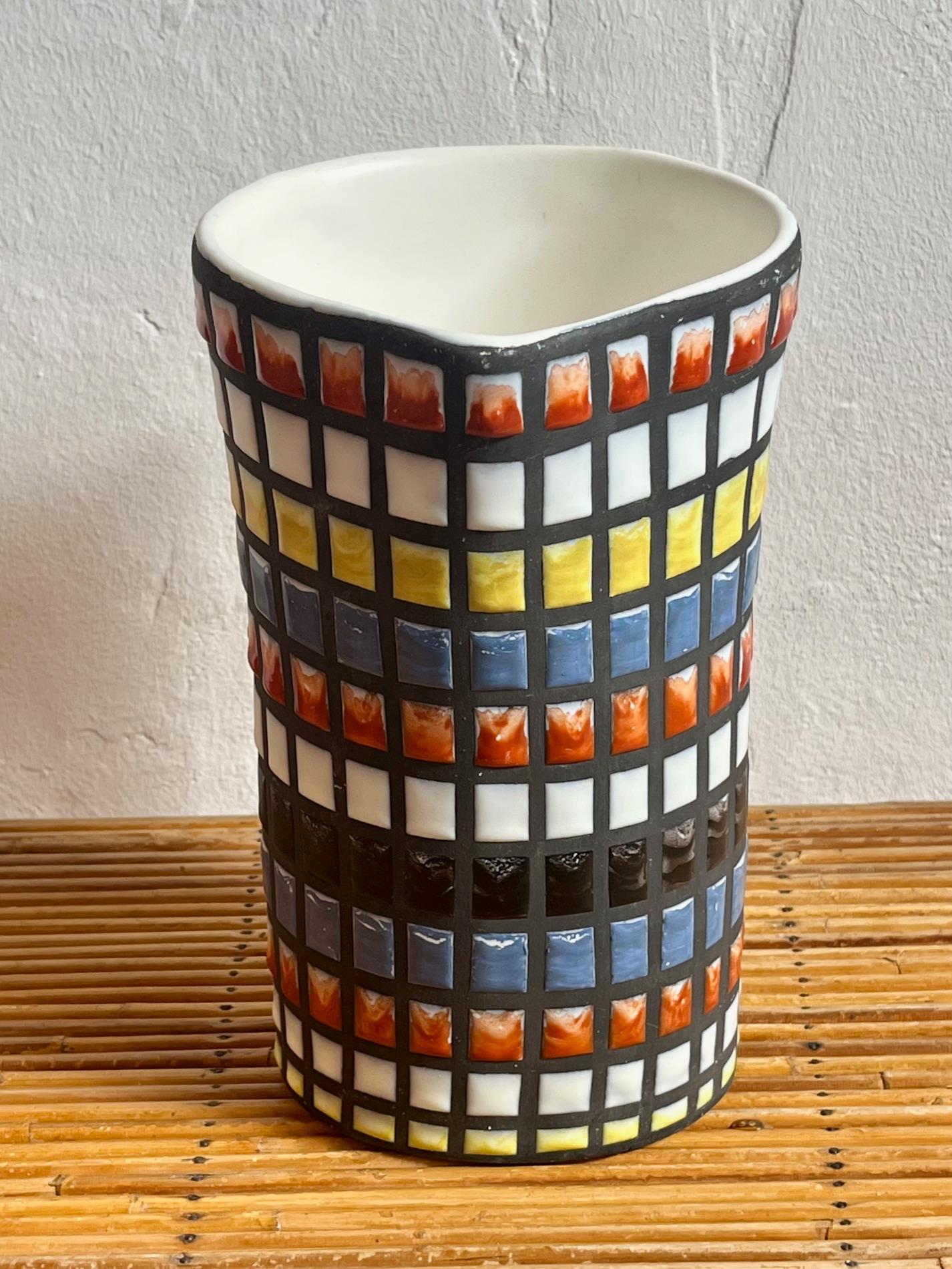 Glazed Ceramic pitcher with  geometrical polychrom pattern, Roger Capron, Vallauris For Sale
