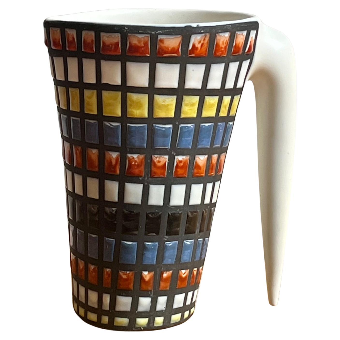 Ceramic pitcher with  geometrical polychrom pattern, Roger Capron, Vallauris For Sale