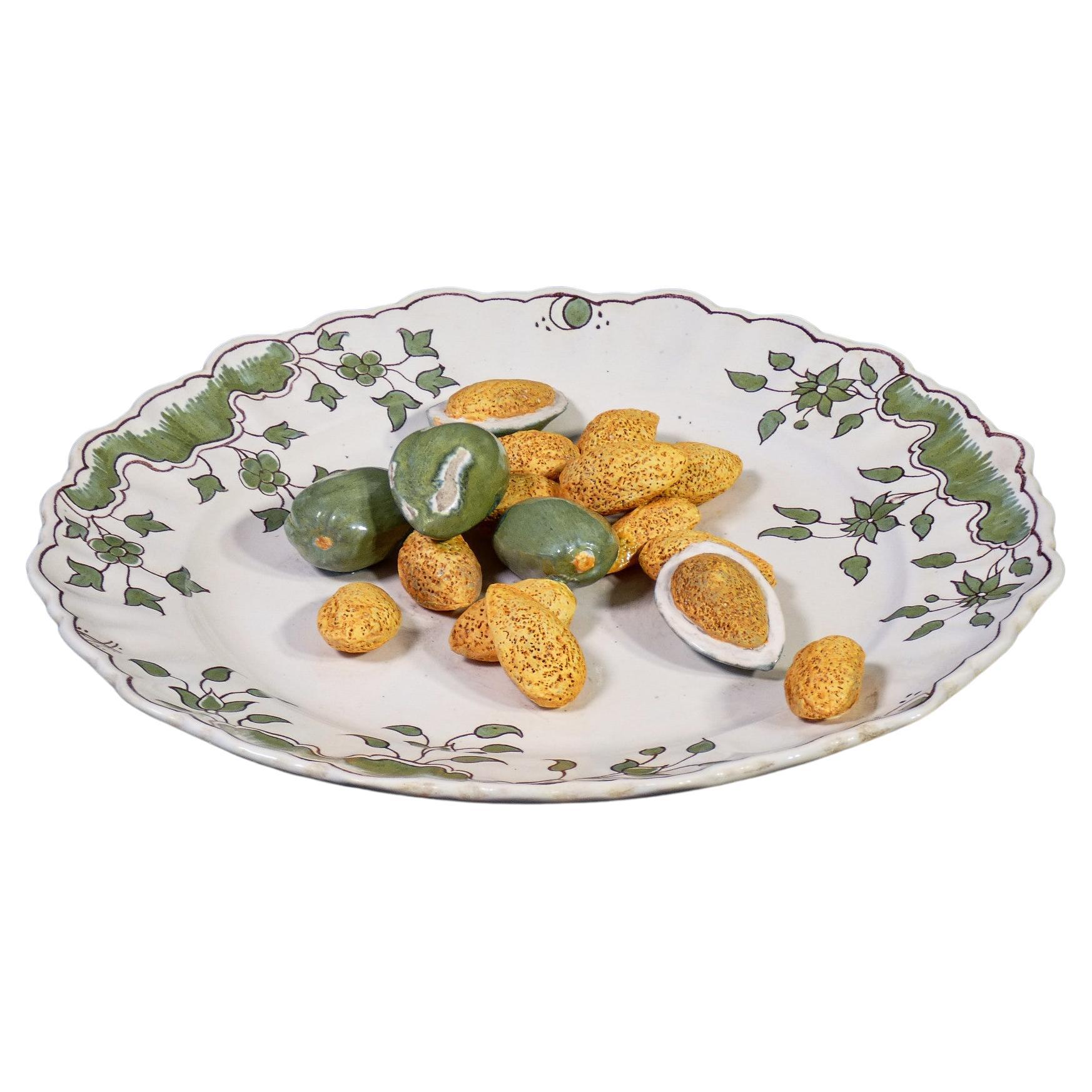 Ceramic Plate by Moustiers with Almonds Sculpture, Hand Painted, France, 1800