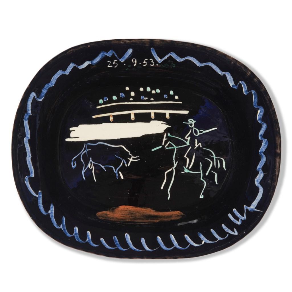 White earthenware ceramic plate, partially engraved, with colored engobe and glaze.
Dated '25.9.53.' (upper center); stamped 'Madoura Plein Feu / Edition Picasso' (underneath).
(A.R. 198).
  
