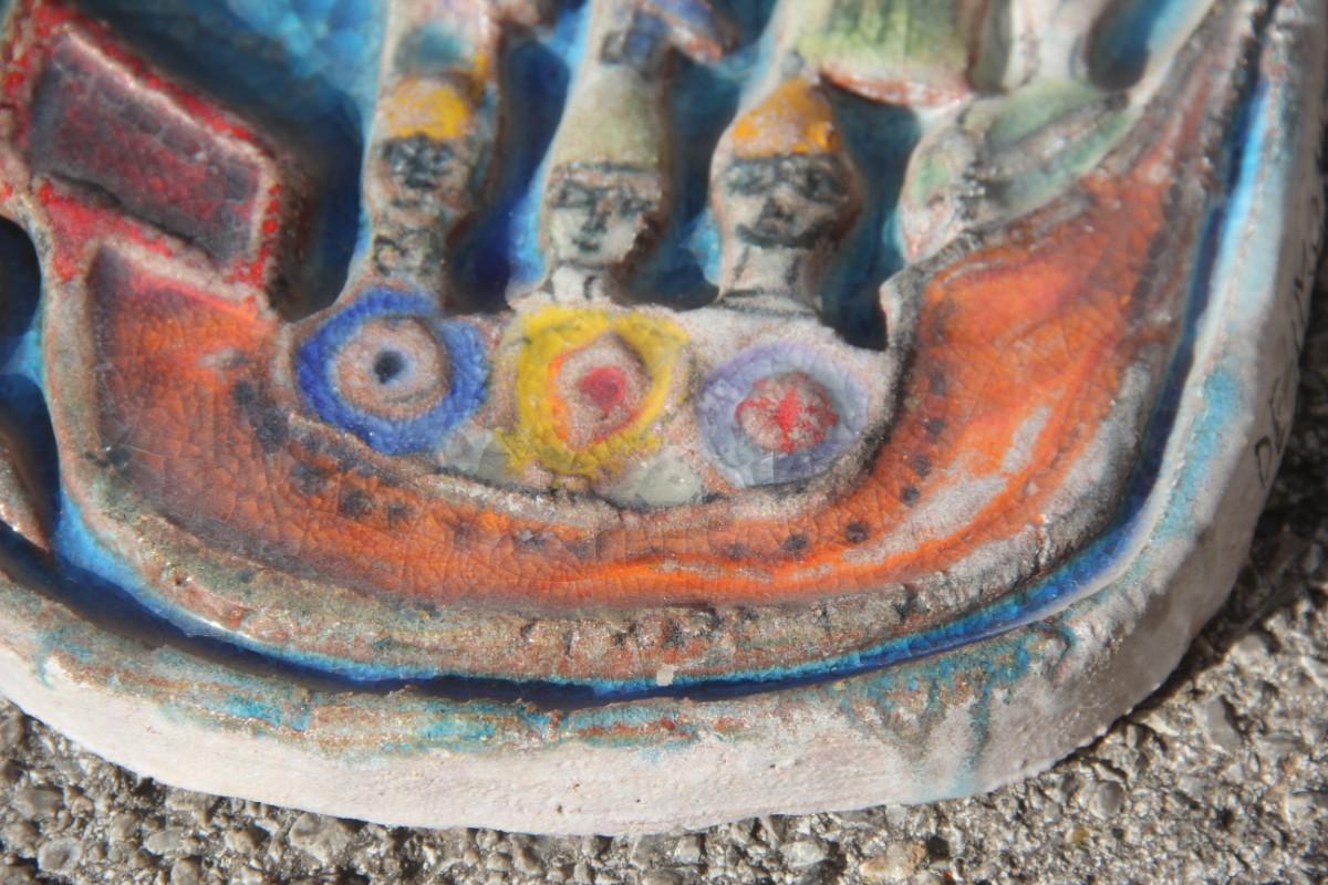 Keramikteller De Simone, farbenfroher Segelschiff mit Kriegern aus den 1960er Jahren im Zustand „Gut“ im Angebot in Palermo, Sicily