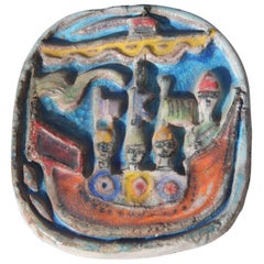 Ceramic Plate De Simone Colored 1960s Sailing Ship with Warriors