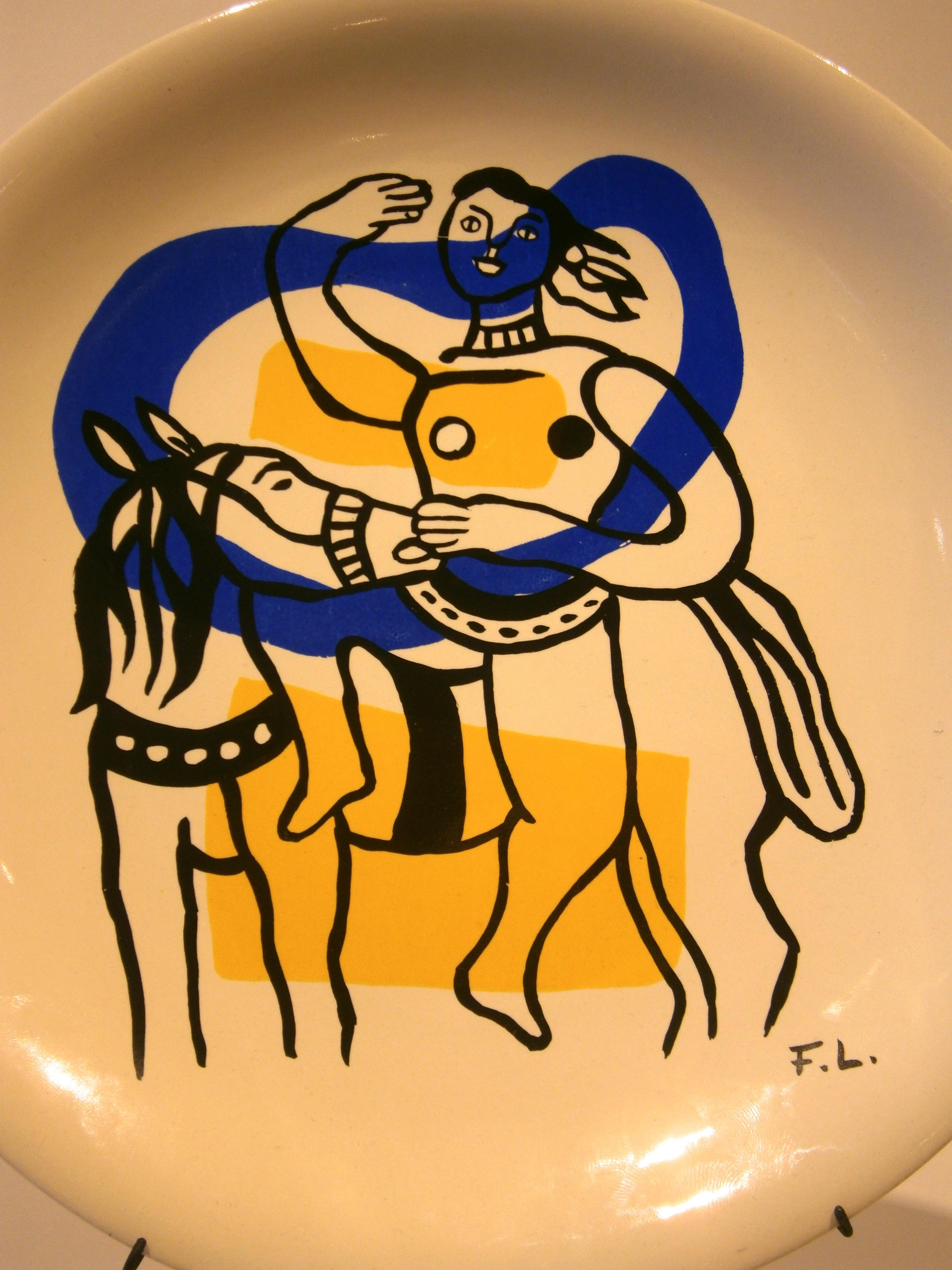 A beautiful ceramic plate from Fernand Leger's Acrobats series, circa 1950s. This porcelain plate has the all important 