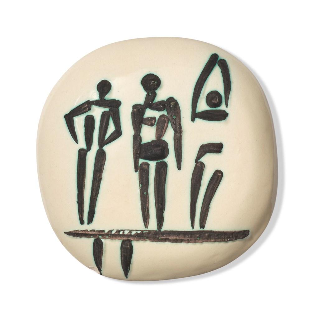 White earthenware ceramic plaque with black oxide and white glaze.
Stamped 'Madoura Plein Feu / Empreinte Originale de Picasso' (on the reverse).
(A.R. 375).
 