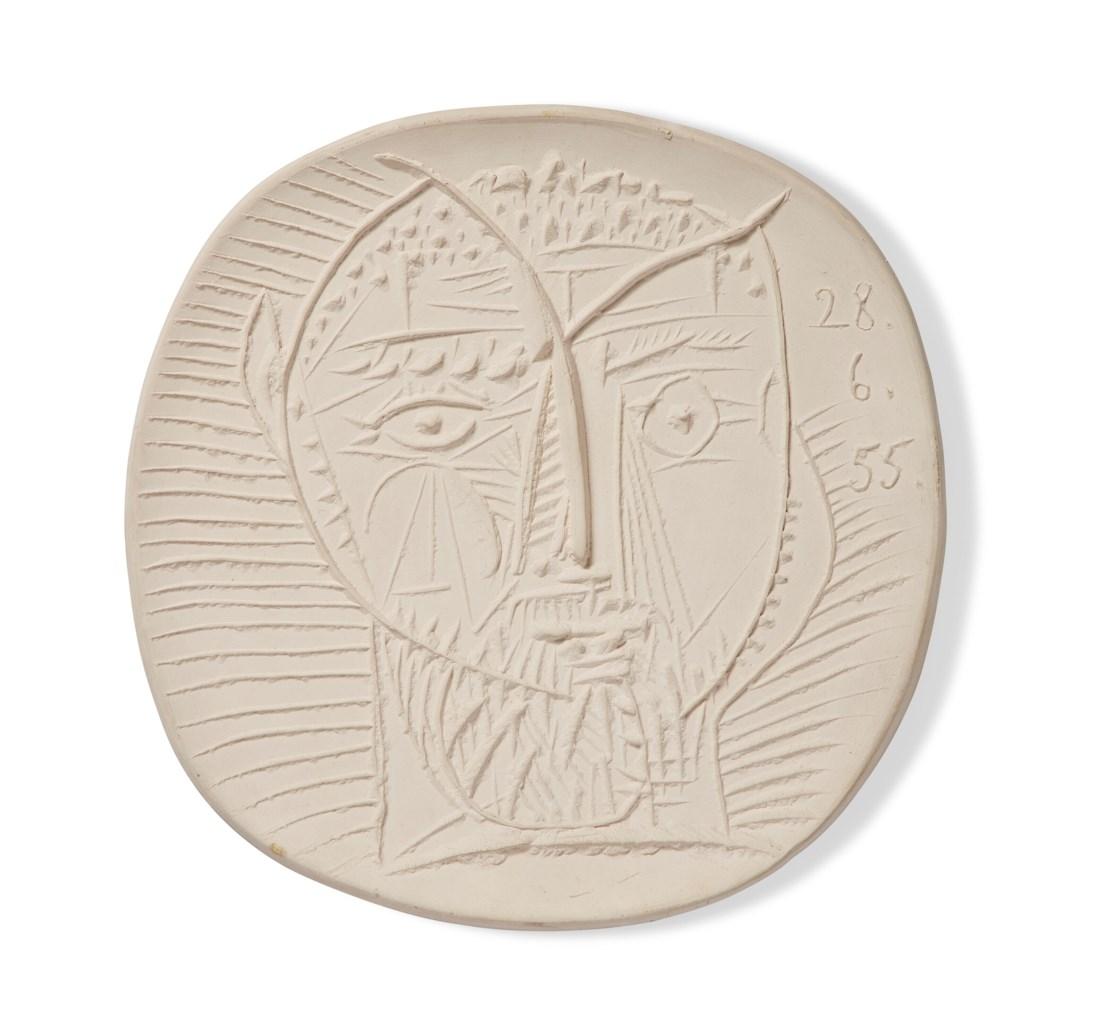 White earthenware ceramic plate with white engobe.
Dated '28.6.55.' (upper right); stamped 'Madoura Plein Feu / Empreinte Originale de Picasso' (underneath).
(A.R. 283).