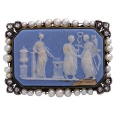 Antique Ceramic Plate 'Wedgewood' Brooch, Octagonal, Light Blue-White