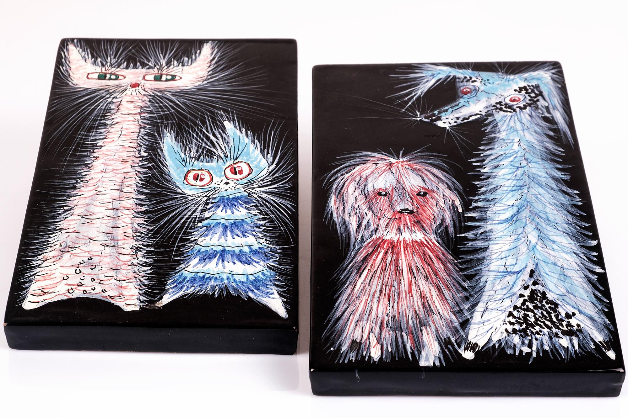 Splendid ceramic plates with polychromed figures of cats and dogs designed by Otello Rosa for San Polo, Venezia, 1950's
Marked San Polo and numbered A485-2/A486-2.