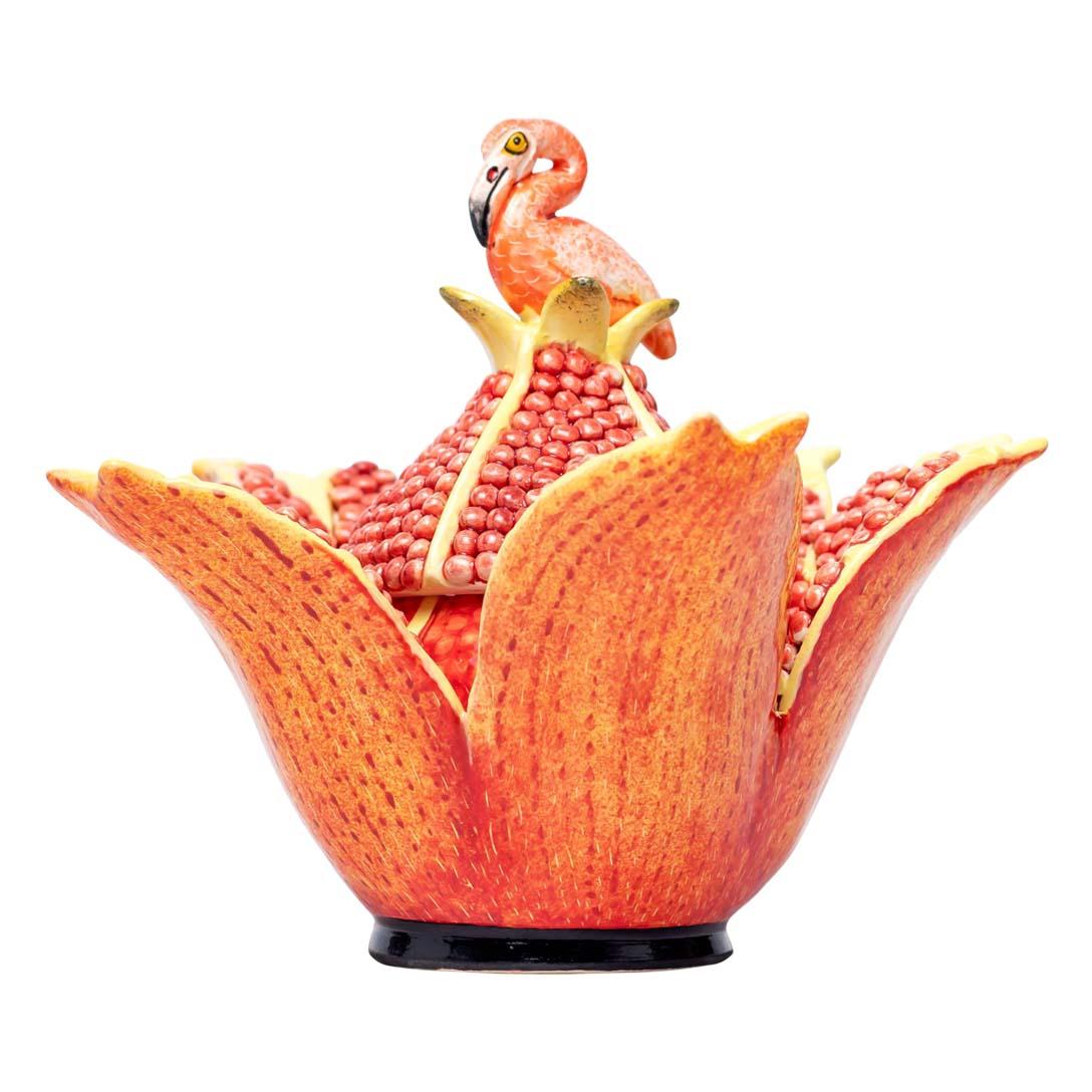 South African Ceramic Pomegranate And Flamingo  Jewelry Box  , hand made in South Africa