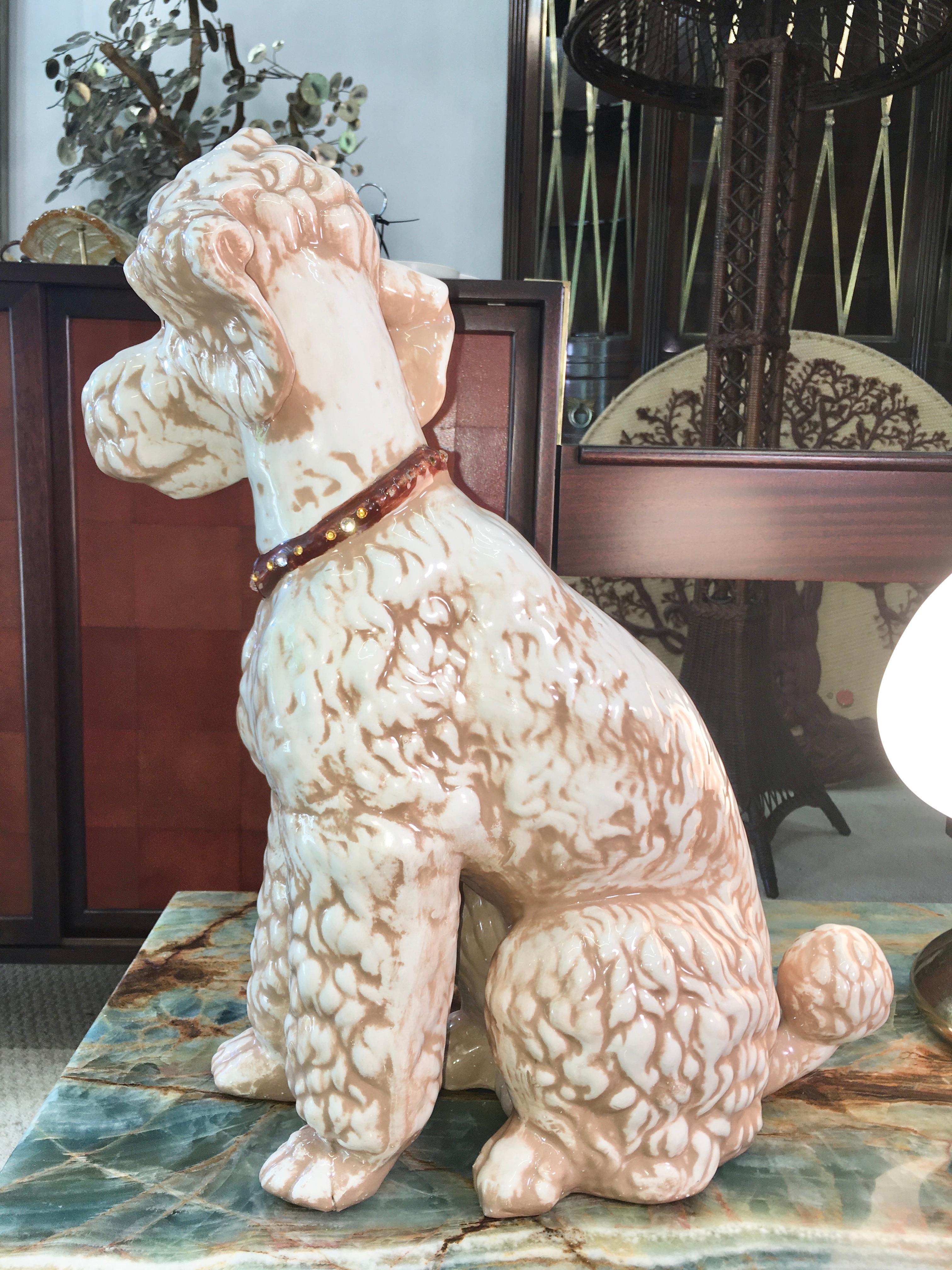 Mid-Century Modern Ceramic Poodle with Jeweled Collar For Sale