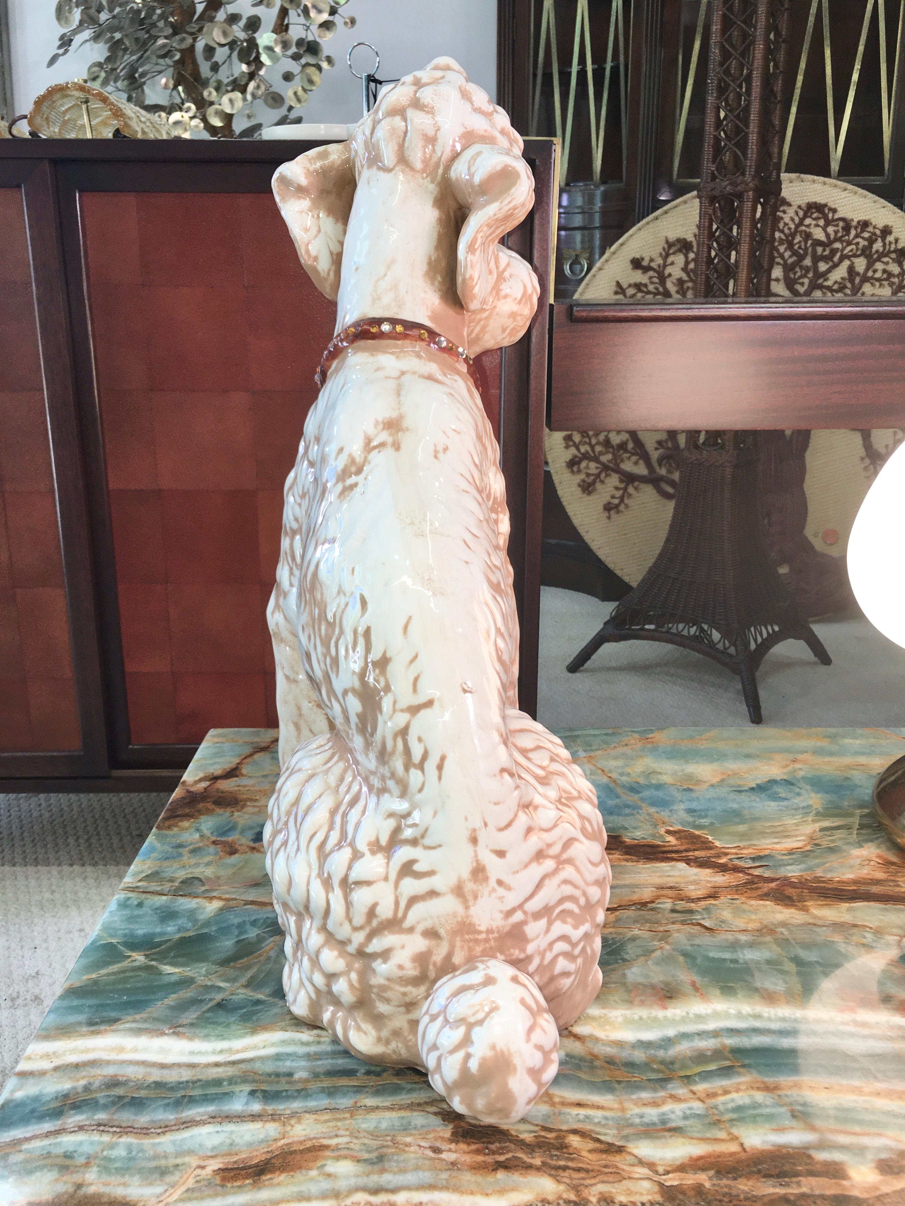 Ceramic Poodle with Jeweled Collar In Good Condition For Sale In Hanover, MA