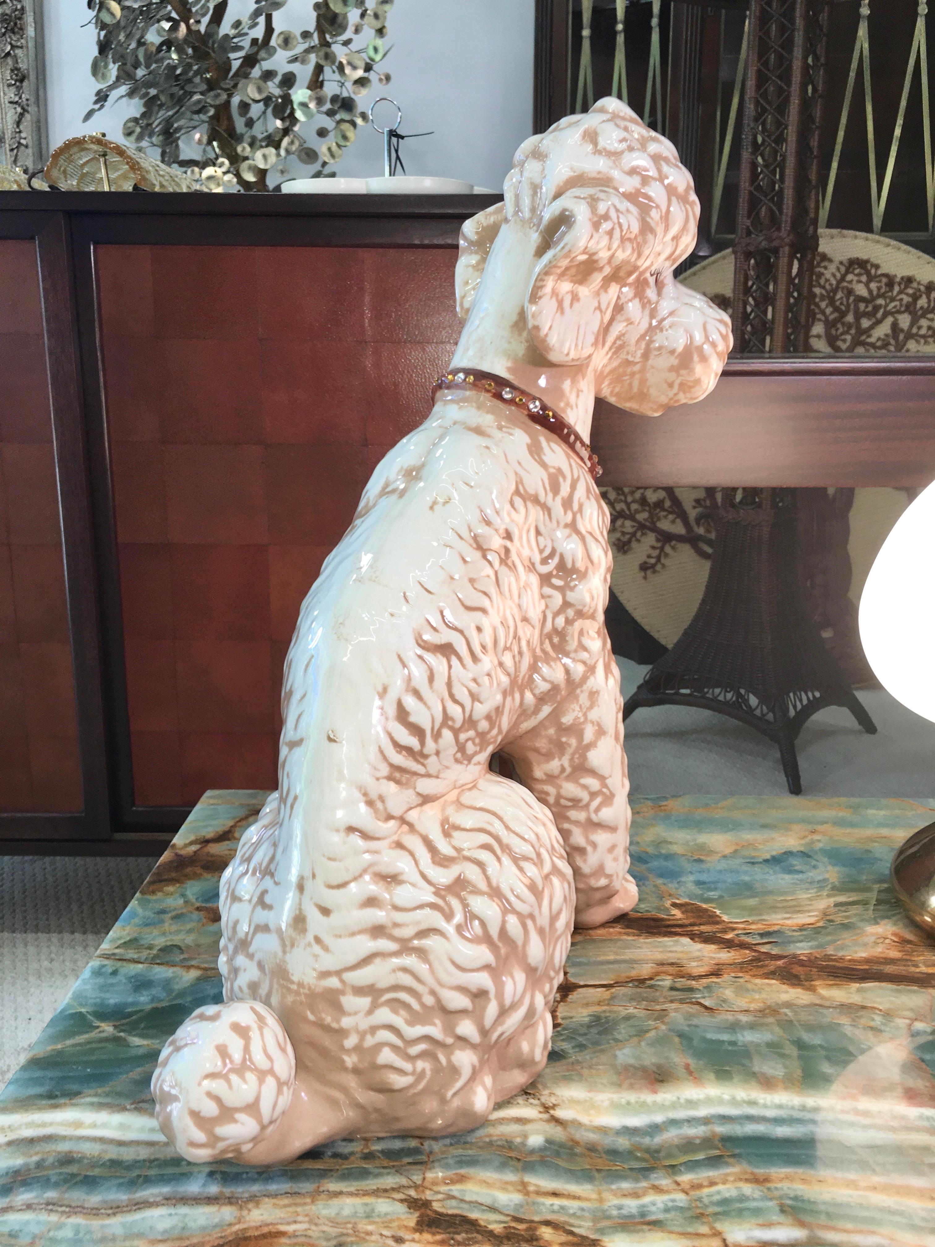 Mid-20th Century Ceramic Poodle with Jeweled Collar For Sale