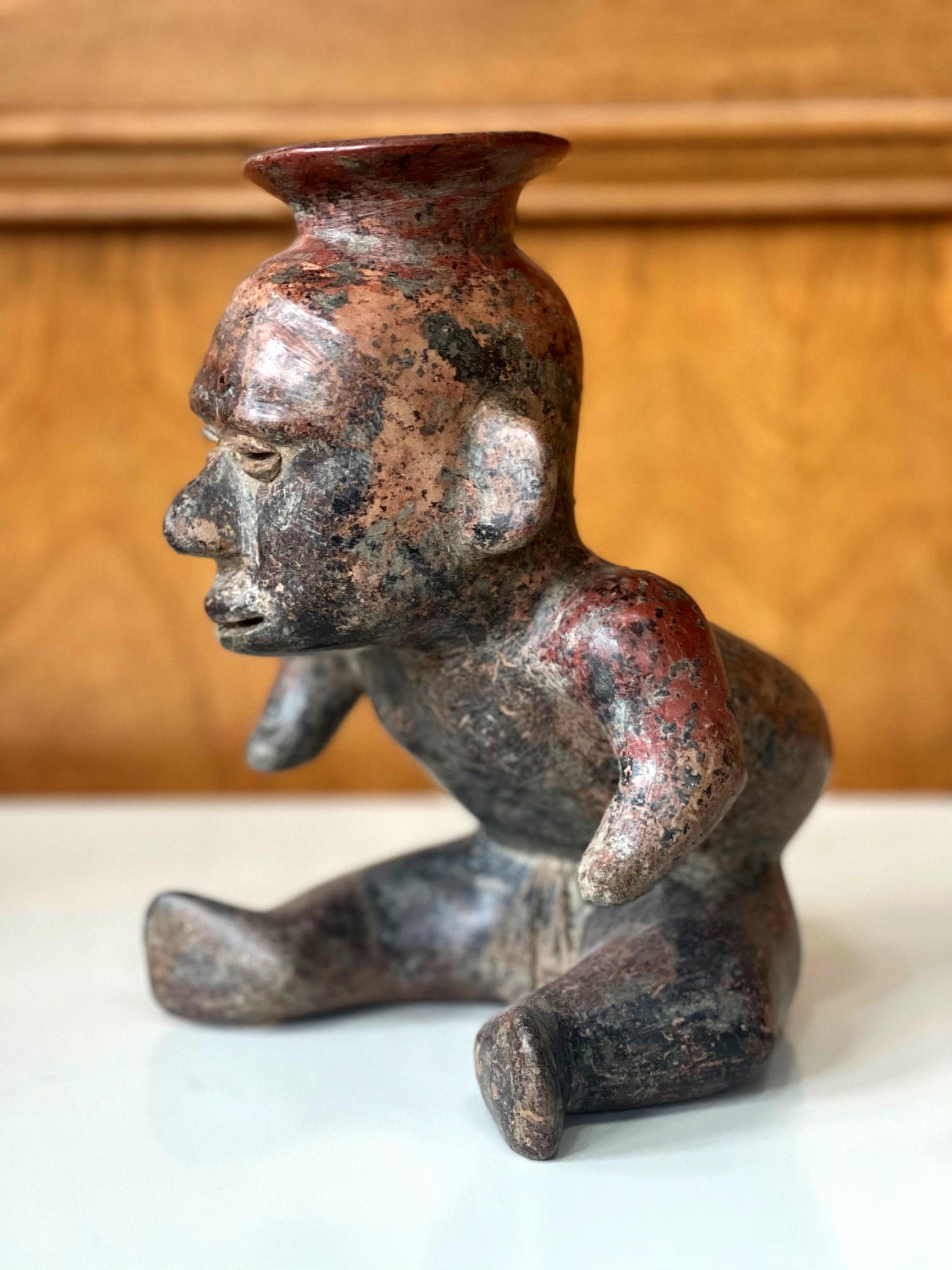 Burnished Ceramic Pre-Columbian Colima Hunchback Figure Vessel For Sale