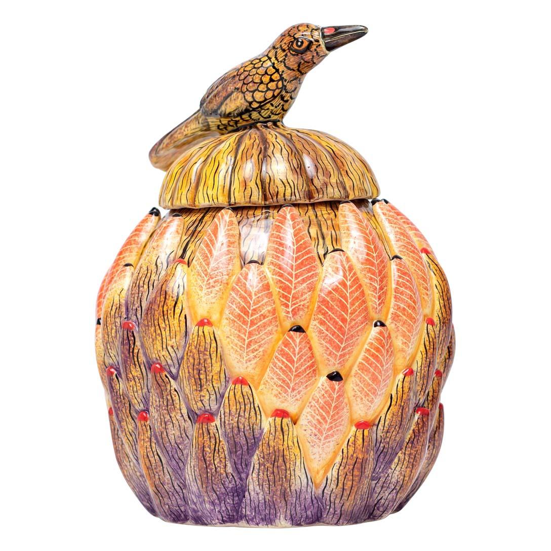 Fired Ceramic Protea And Bird Jewelry Box  , hand made in South Africa For Sale