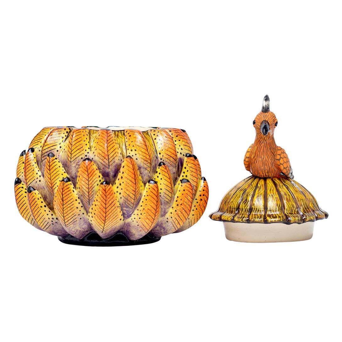 Protea Hoopoe Jewelry Box
Hand-Painted by Sabelo Nene, Sculpted by Sbusiso Ndaba
Love Art Ceramic, South Africa, 2024

Introducing the Protea Hoopoe Jewelry Box, a stunning ceramic piece that celebrates the rich flora and fauna of South Africa.