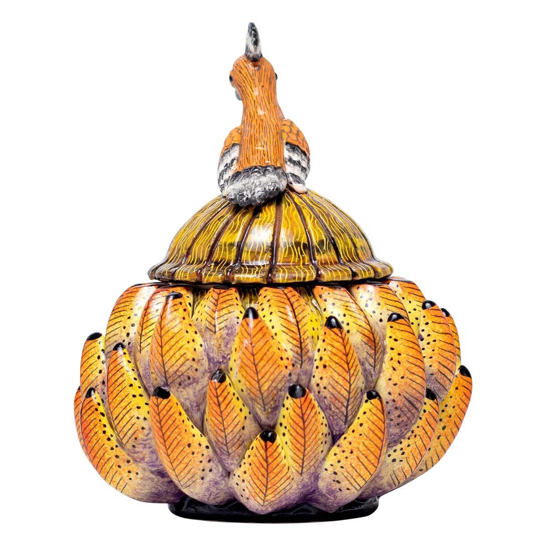 Hand-Painted Ceramic Protea And Hoopoe Jewelry Box  , hand made in South Africa For Sale