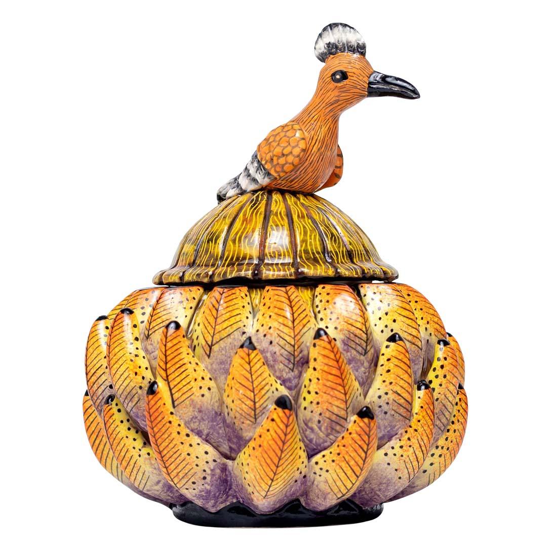 Ceramic Protea And Hoopoe Jewelry Box  , hand made in South Africa In Excellent Condition For Sale In North Miami, FL