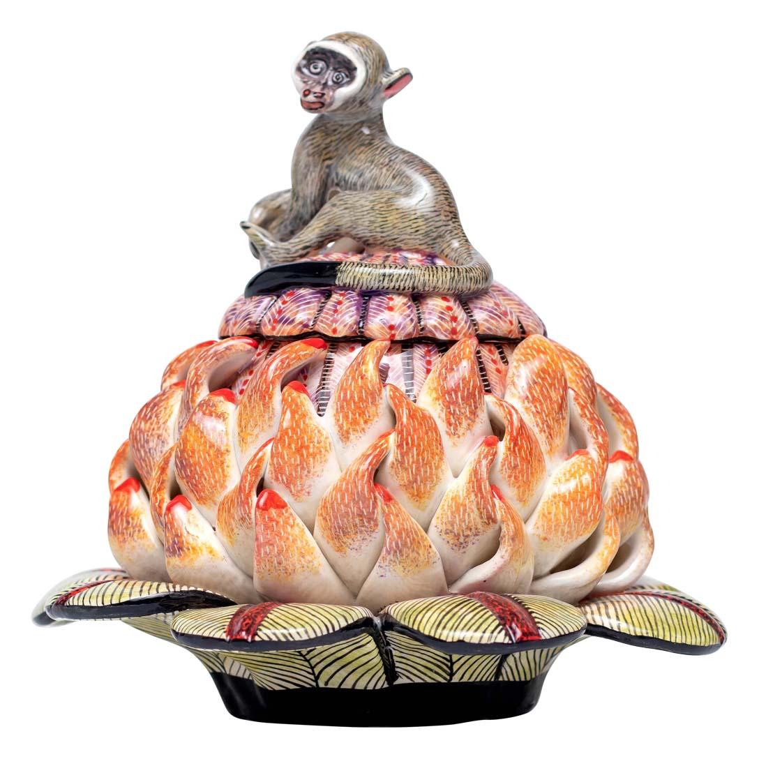 Protea, Monkey Jewelry Box Hand Painted by Jabu Nene and Sculpted by Motsamai Sello from Love Art Ceramic

The Protea, Monkey Jewelry Box is a delightful piece of ceramic art, crafted in 2024 by the talented duo Jabu Nene and Motsamai Sello at Love