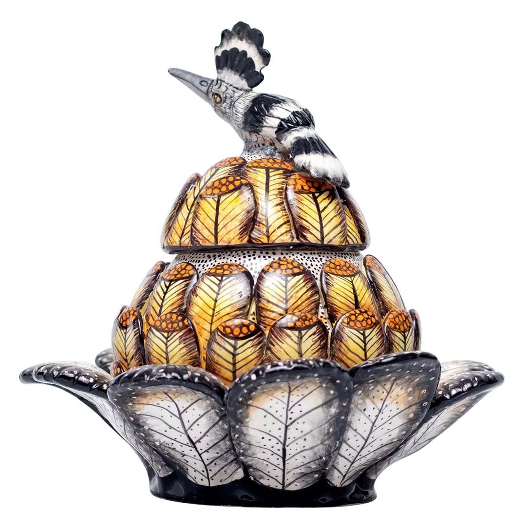 Protea, Hoopoe Jewelry Box
Hand-Painted by Zinhle Nene & Sculpted by Sbusiso Ndaba
Love Art Ceramic, South Africa, 2024

The Protea, Hoopoe Jewelry Box is a stunning work of ceramic art that beautifully encapsulates the essence of South African