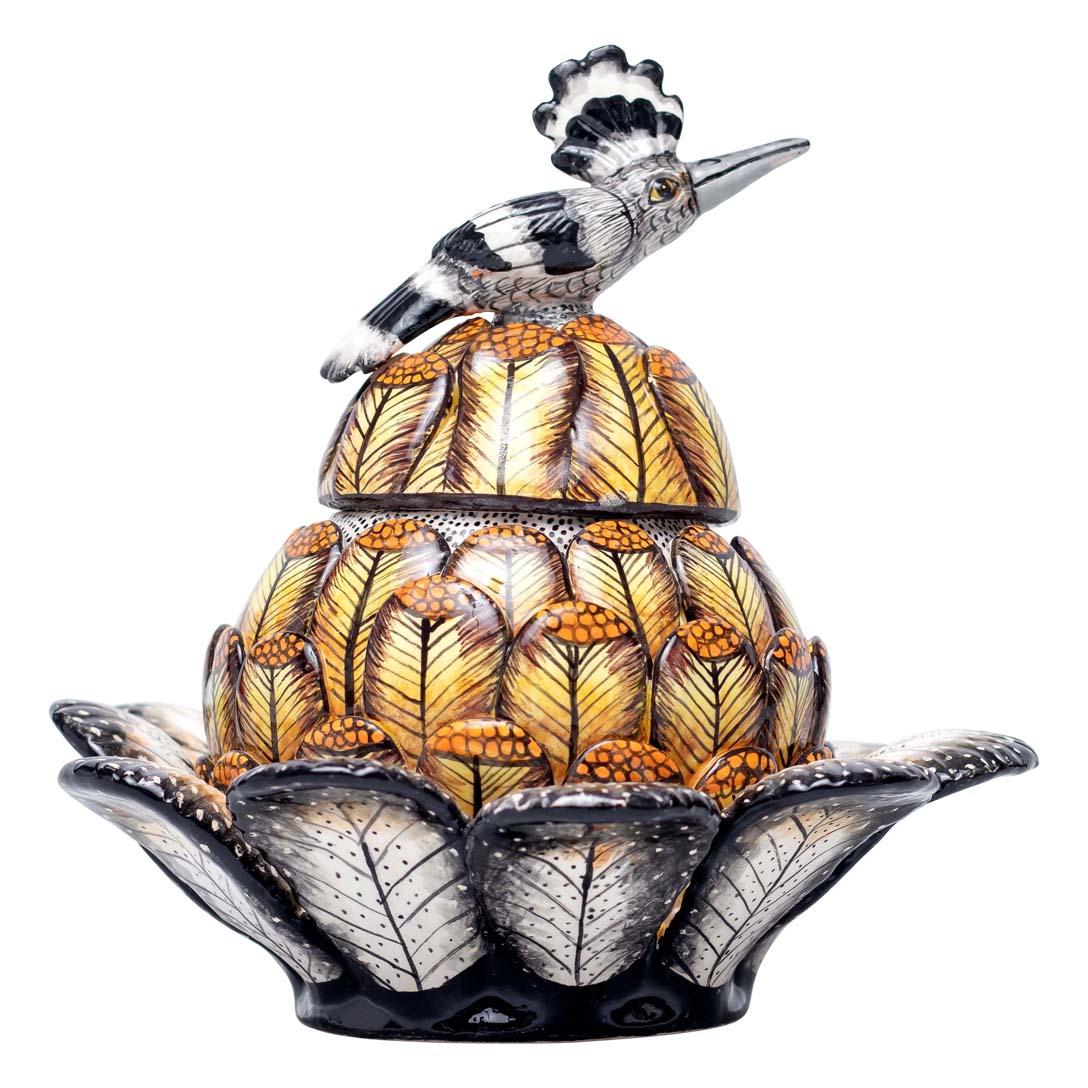 Fired Ceramic Protea With Bird Jewelry Box   , hand made in South Africa For Sale